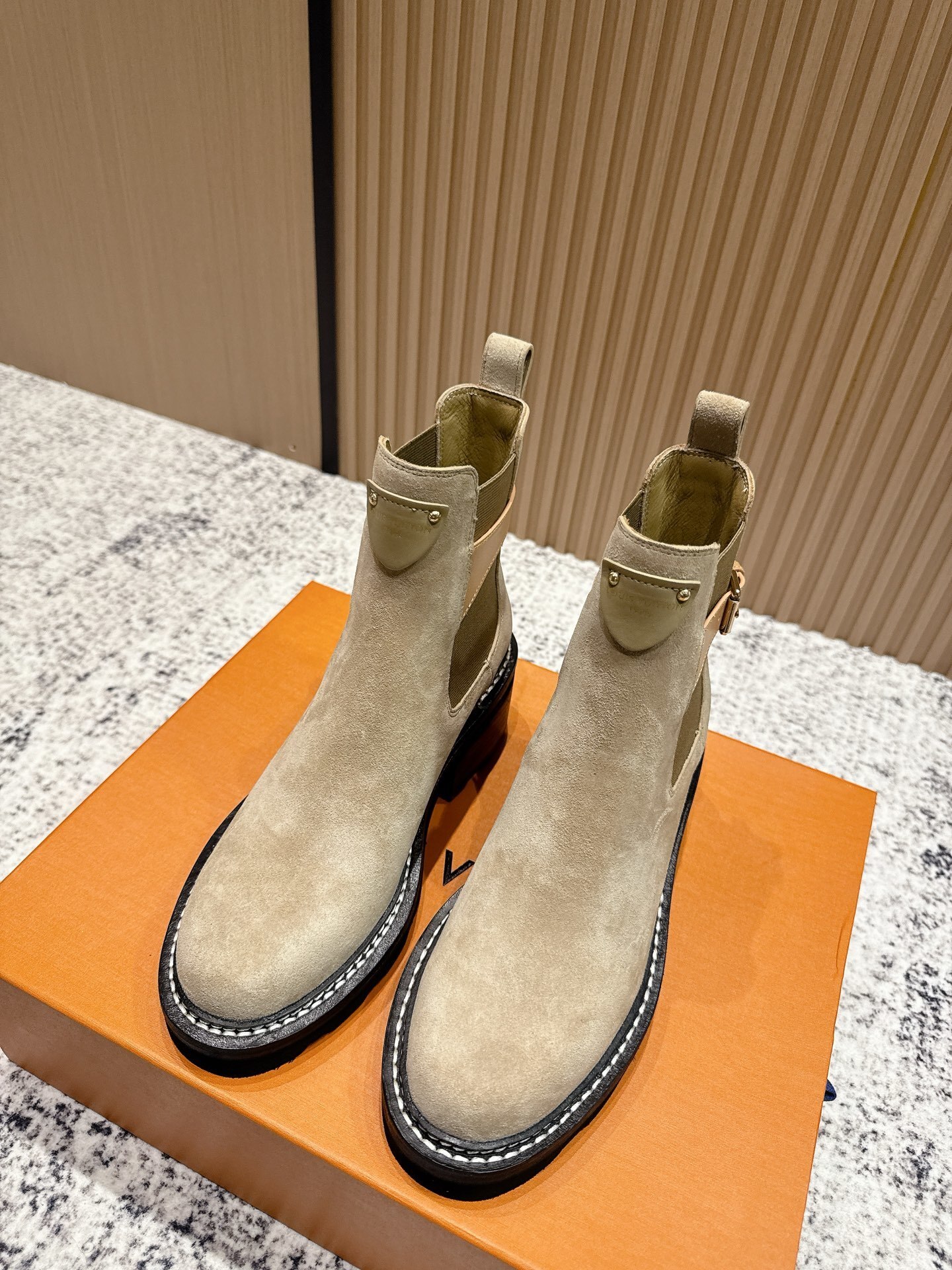 Louis Vuitton Beige Suede Chelsea Ankle Boots with Contrast Stitching