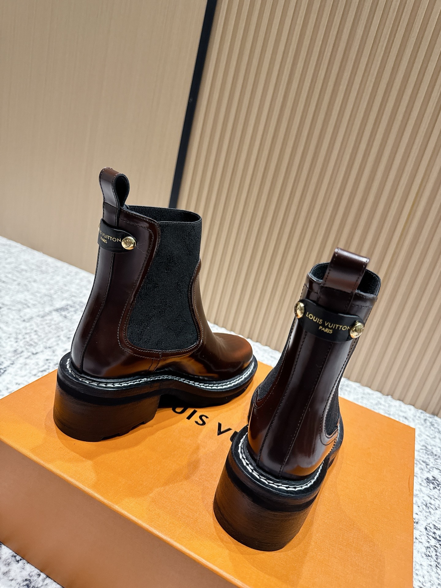 Women's Glossy Mahogany Leather Chelsea Boots with Chunky Sole