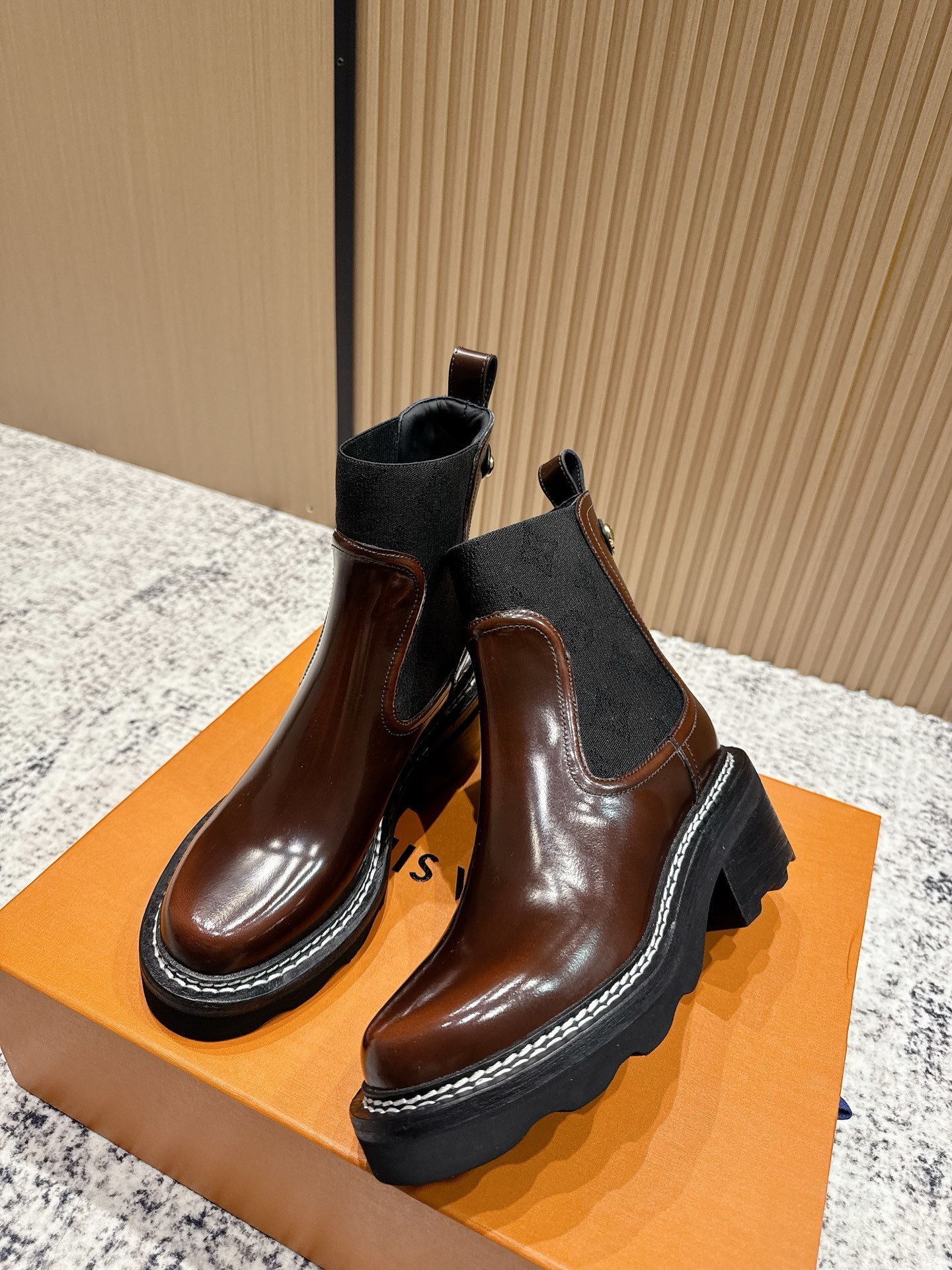 Women's Glossy Mahogany Leather Chelsea Boots with Chunky Sole