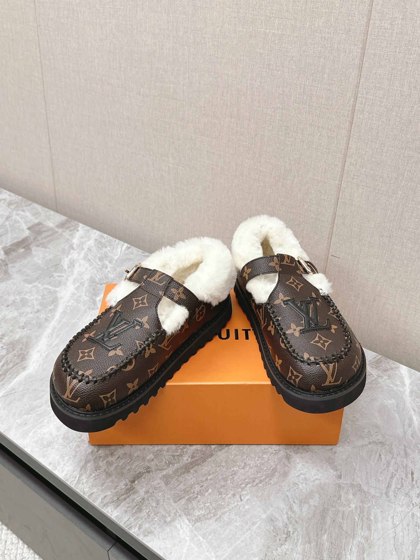 Louis Vuitton Monogram Canvas Shearling-Lined Platform Clogs