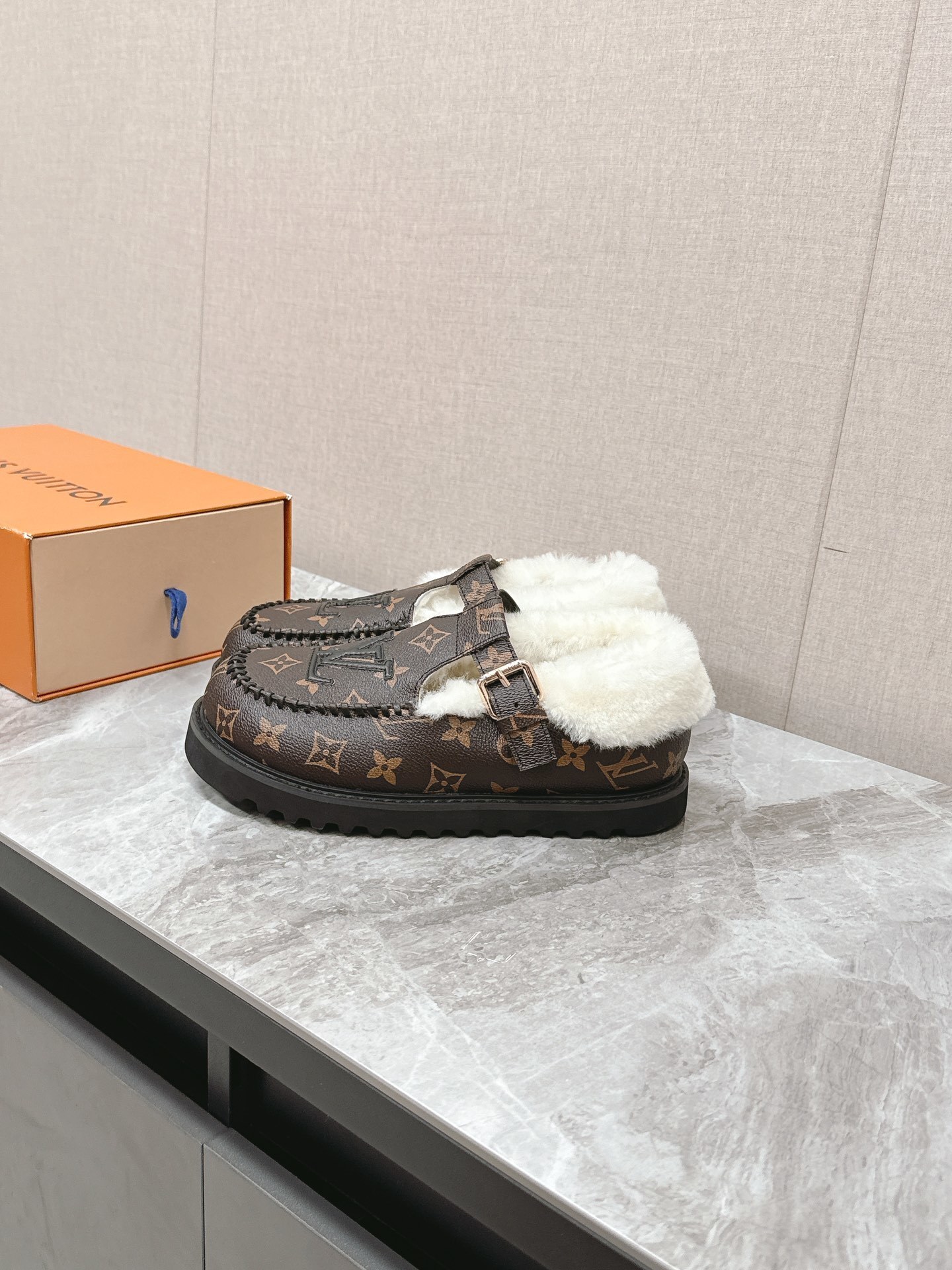Louis Vuitton Monogram Canvas Shearling-Lined Platform Clogs