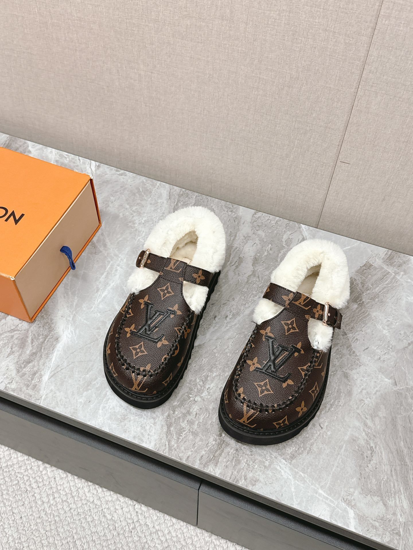 Louis Vuitton Monogram Canvas Shearling-Lined Platform Clogs