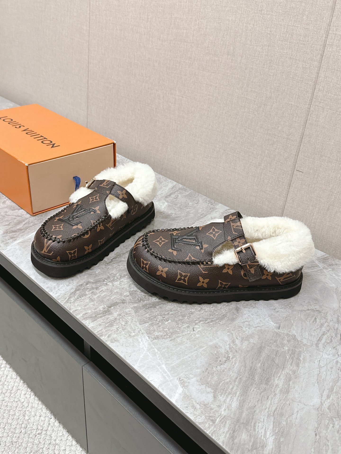 Louis Vuitton Monogram Canvas Shearling-Lined Platform Clogs