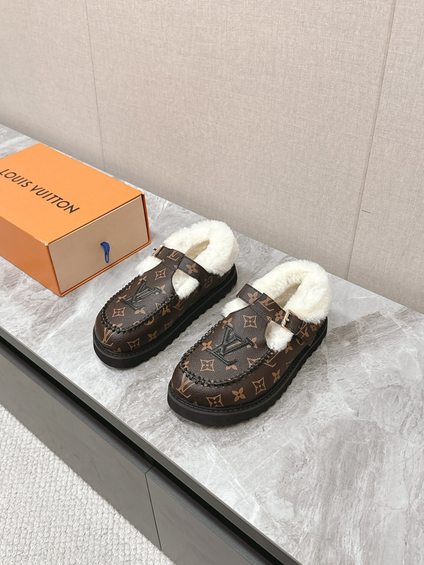 Louis Vuitton Monogram Canvas Shearling-Lined Platform Clogs