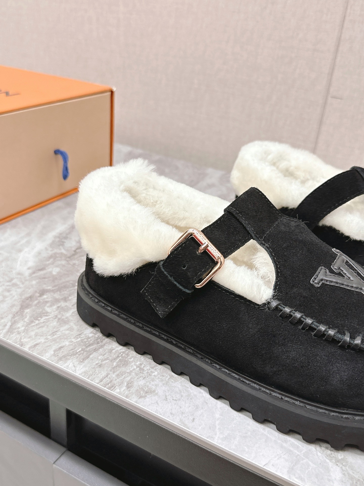 Louis Vuitton Black Suede Shearling-Lined Mary Jane Loafers