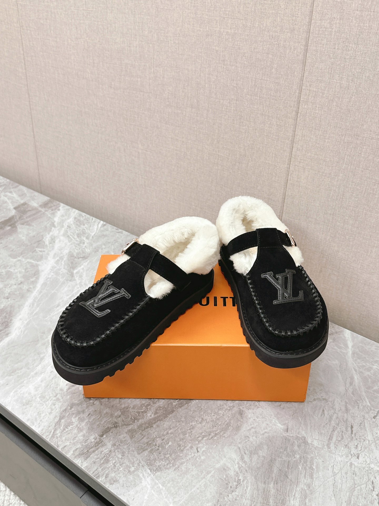 Louis Vuitton Black Suede Shearling-Lined Mary Jane Loafers