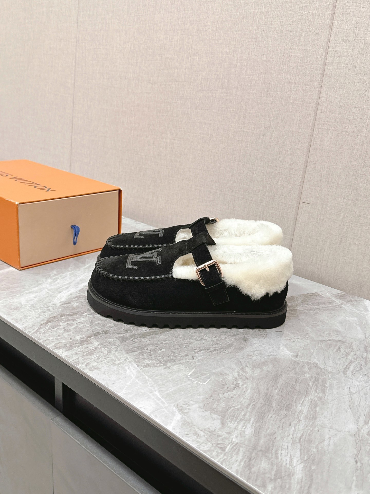 Louis Vuitton Black Suede Shearling-Lined Mary Jane Loafers