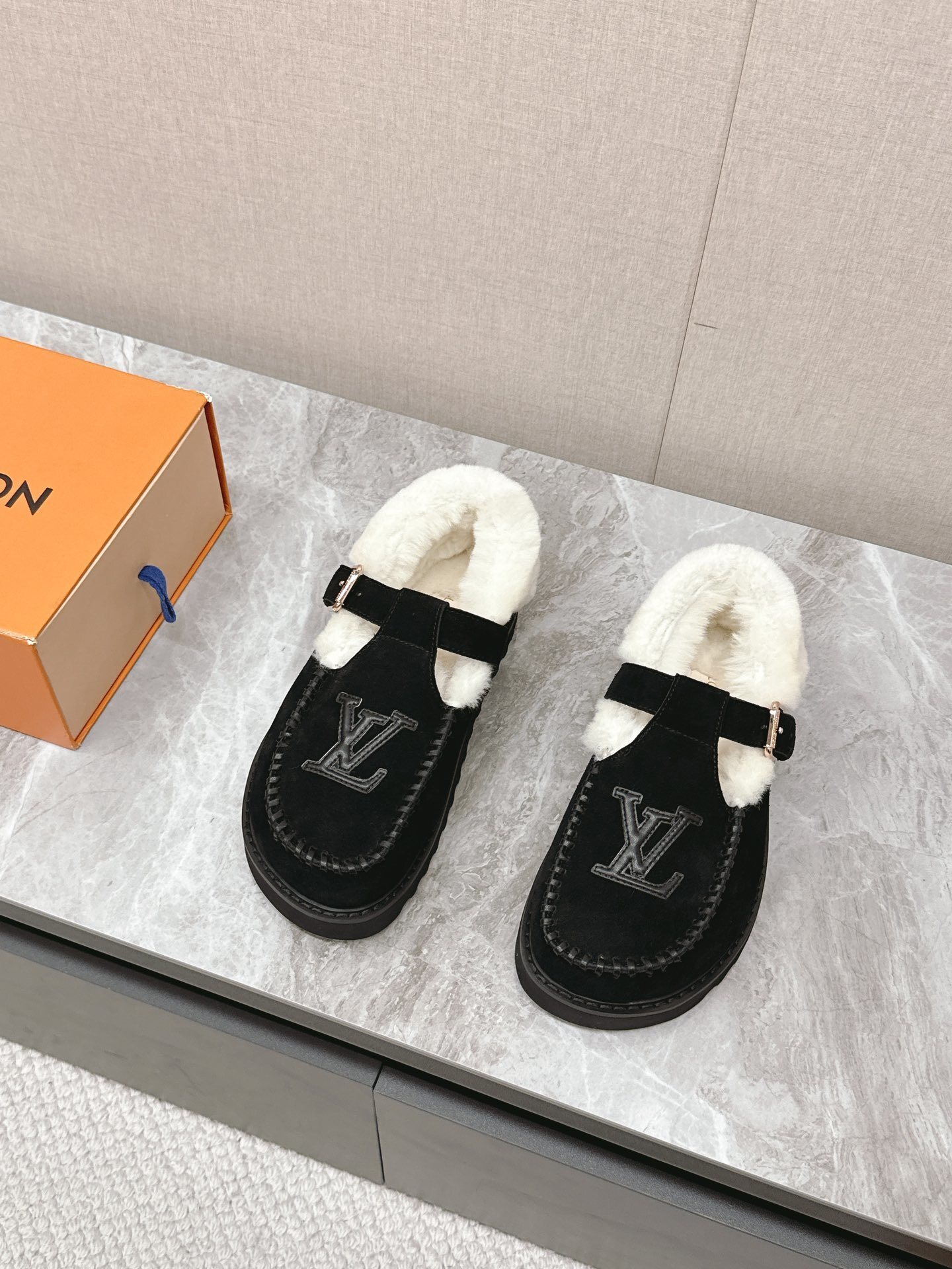 Louis Vuitton Black Suede Shearling-Lined Mary Jane Loafers
