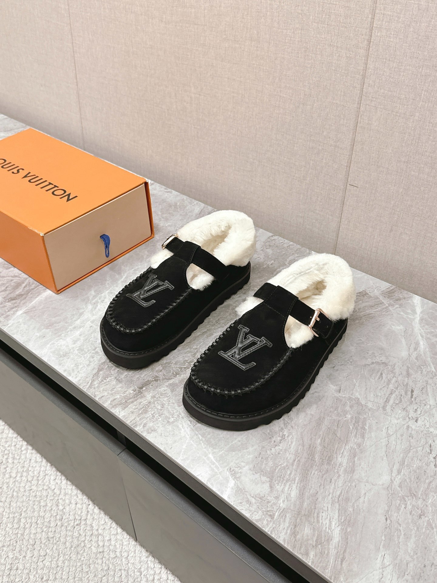 Louis Vuitton Black Suede Shearling-Lined Mary Jane Loafers