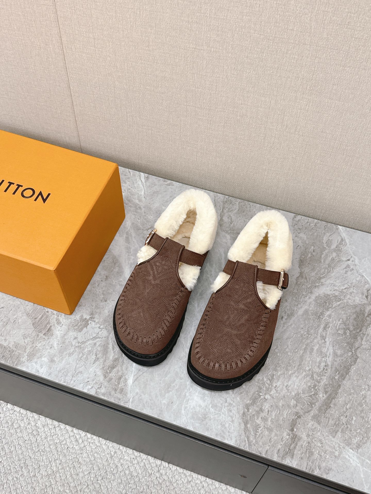 Louis Vuitton Monogram Brown Suede Shearling-Lined Loafers