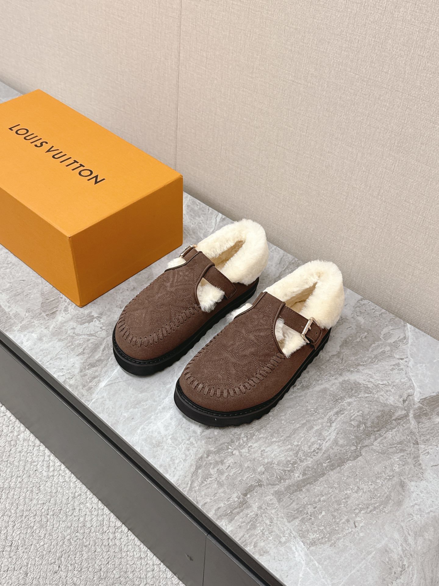 Louis Vuitton Monogram Brown Suede Shearling-Lined Loafers