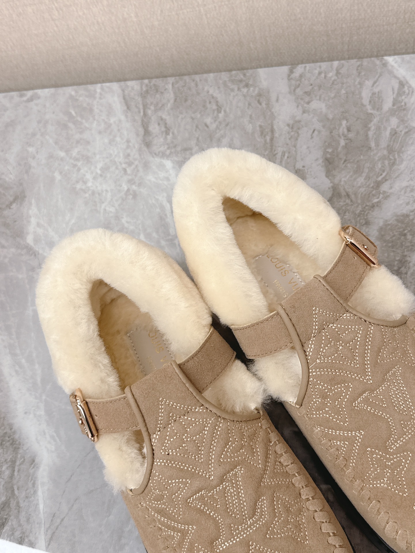 Louis Vuitton Monogram Shearling Slippers - Beige Luxury Loafers