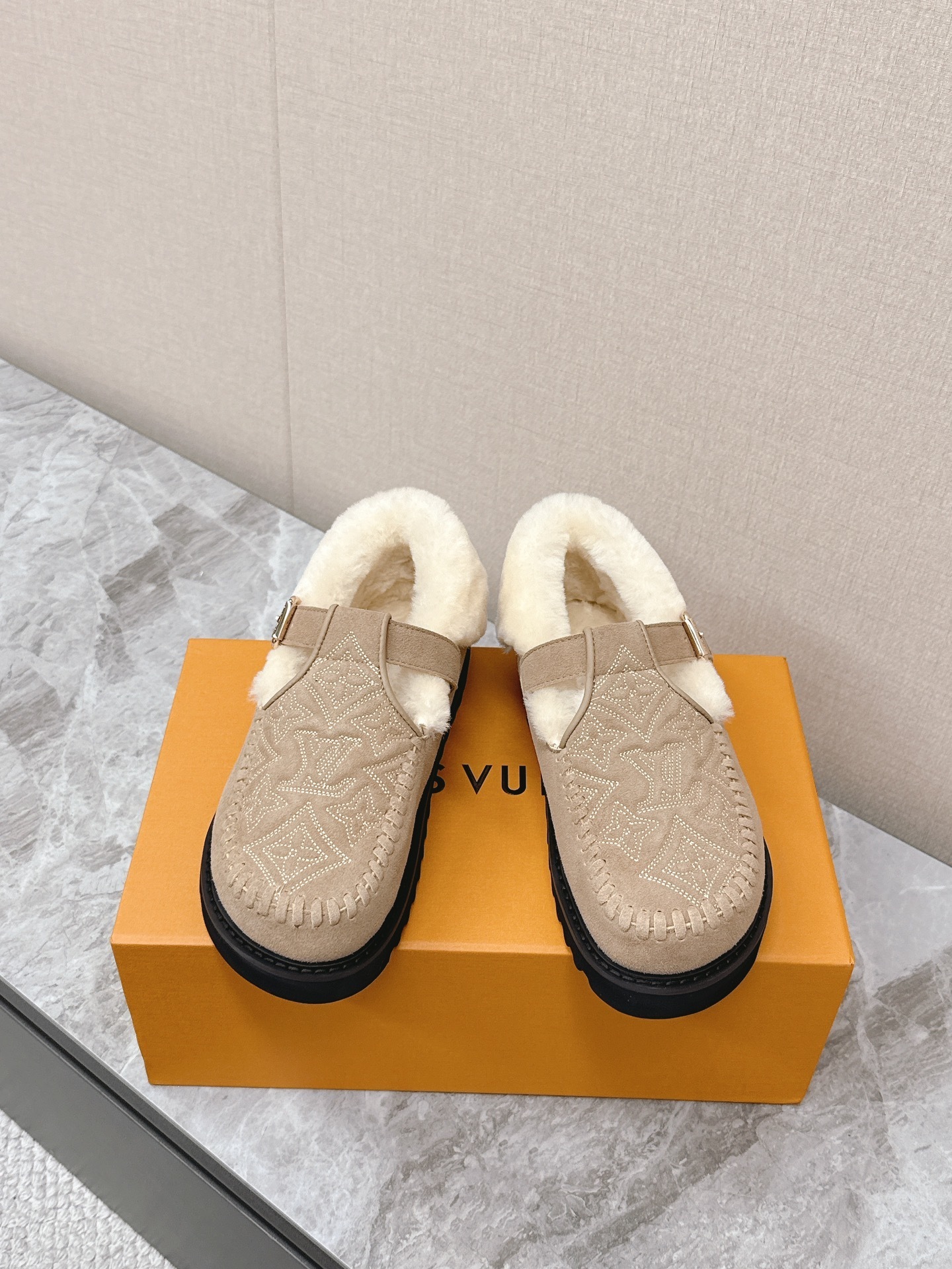 Louis Vuitton Monogram Shearling Slippers - Beige Luxury Loafers