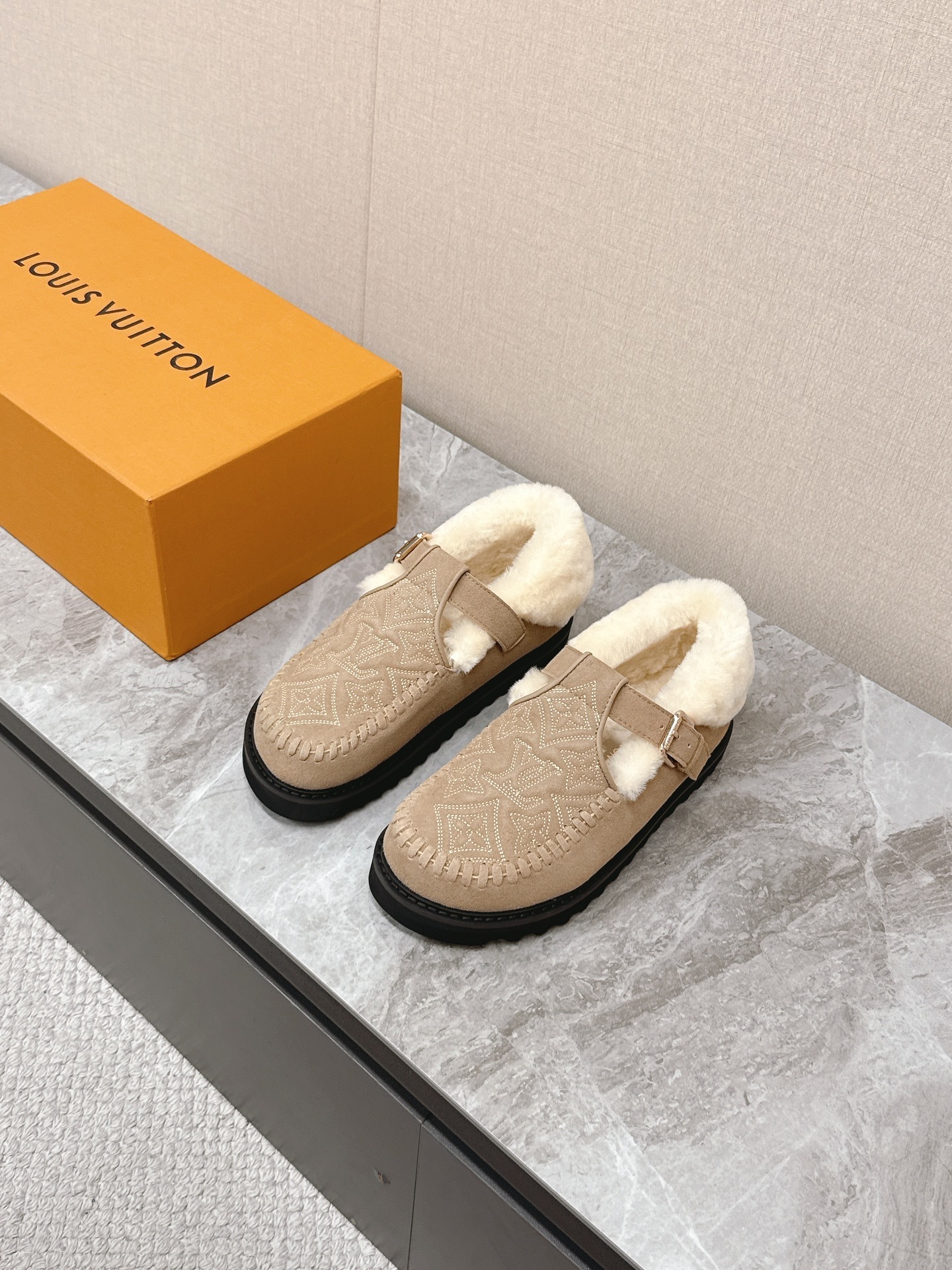 Louis Vuitton Monogram Shearling Slippers – Beige Luxury Loafers