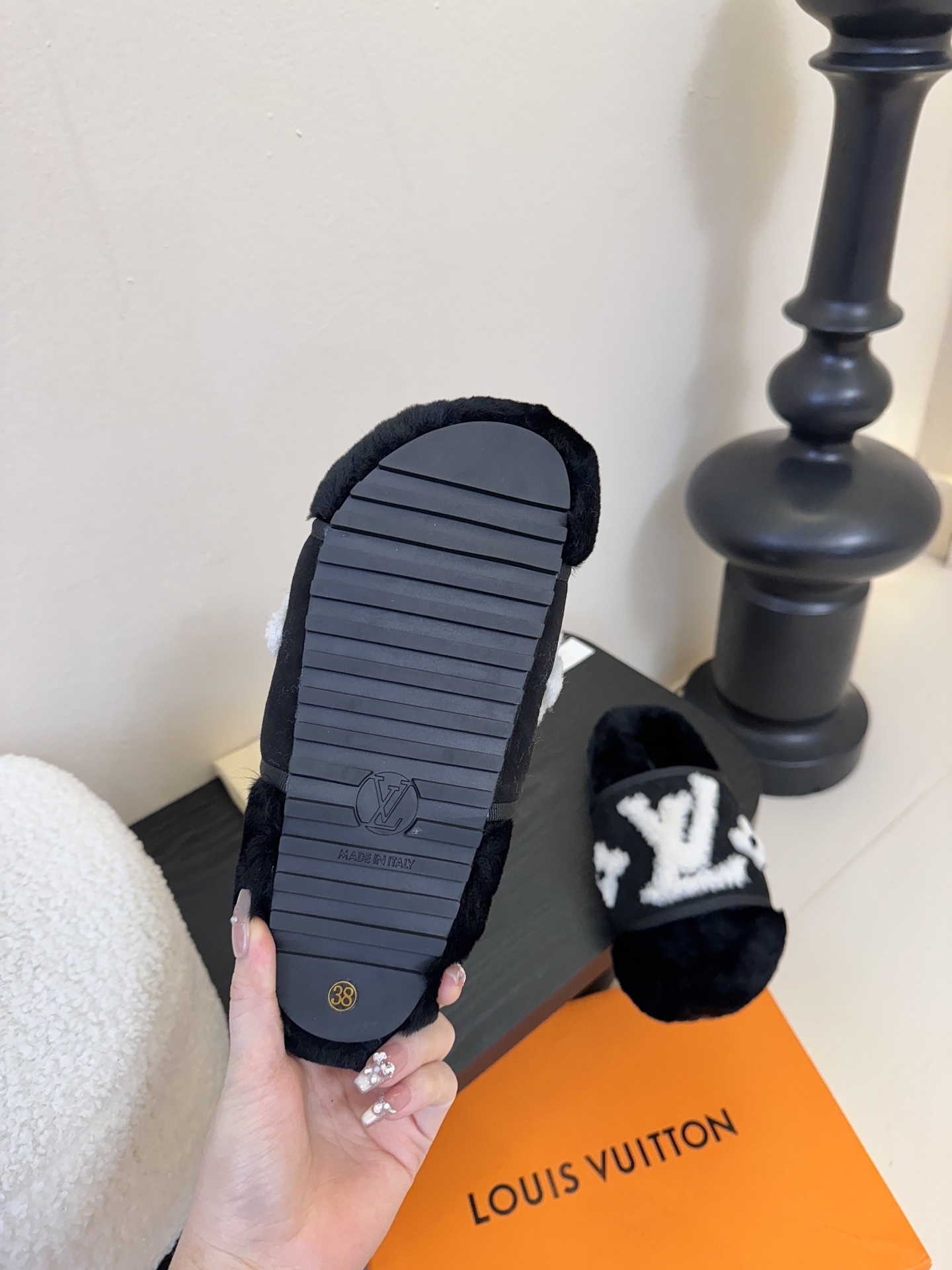 Louis Vuitton Black Shearling LV Logo Luxury Slides & Slippers