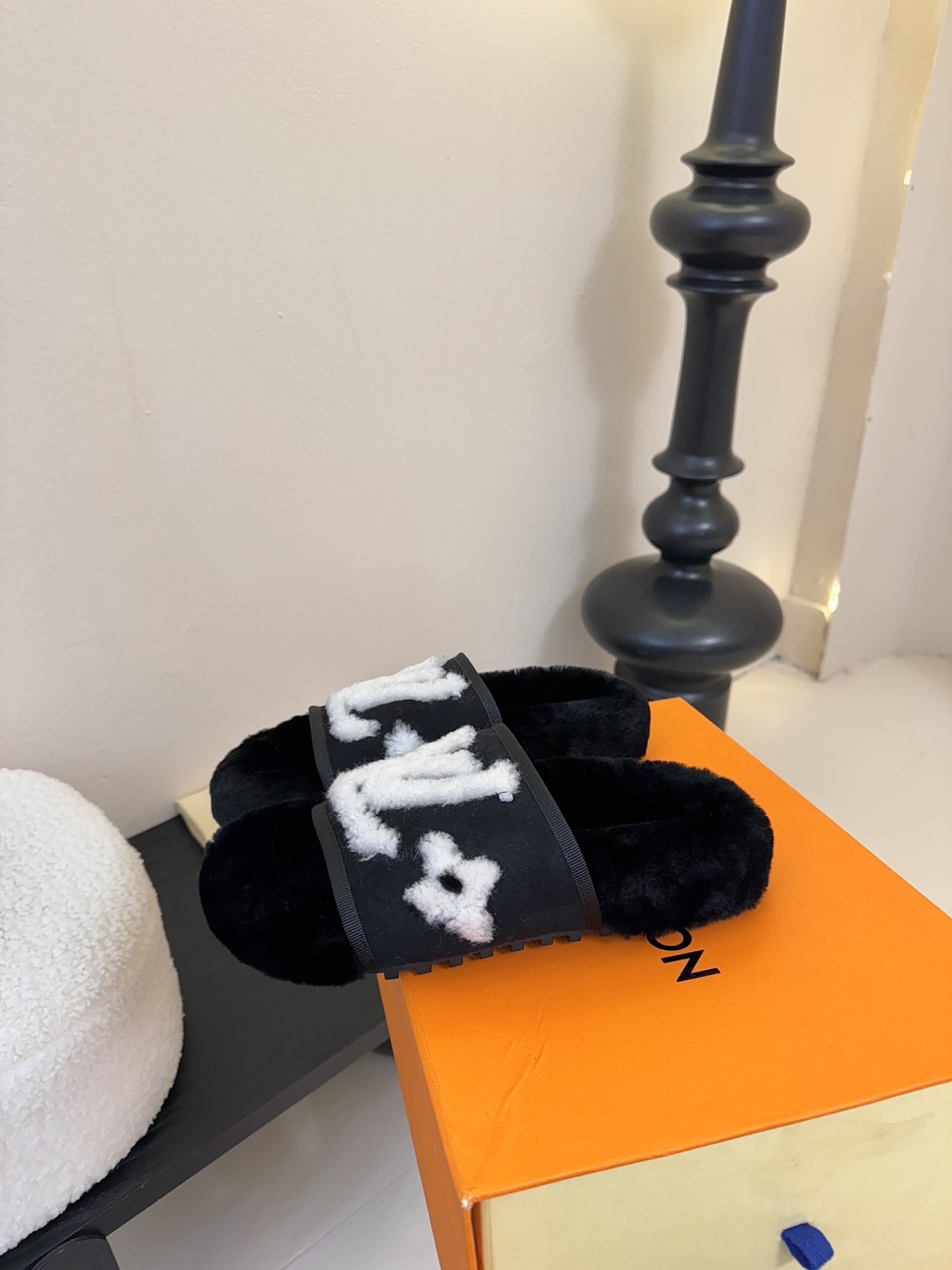 Louis Vuitton Black Shearling LV Logo Luxury Slides & Slippers