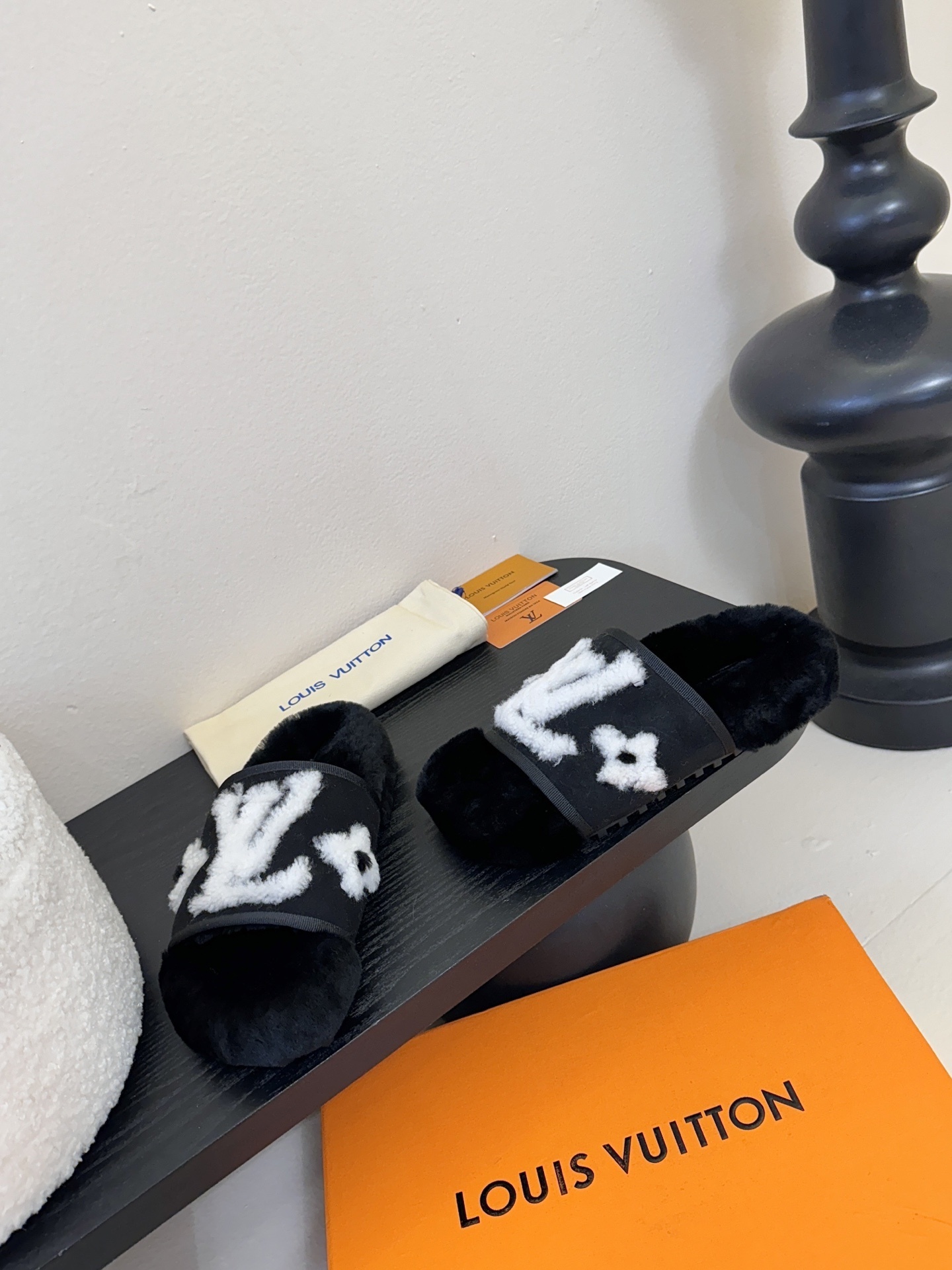 Louis Vuitton Black Shearling LV Logo Luxury Slides & Slippers