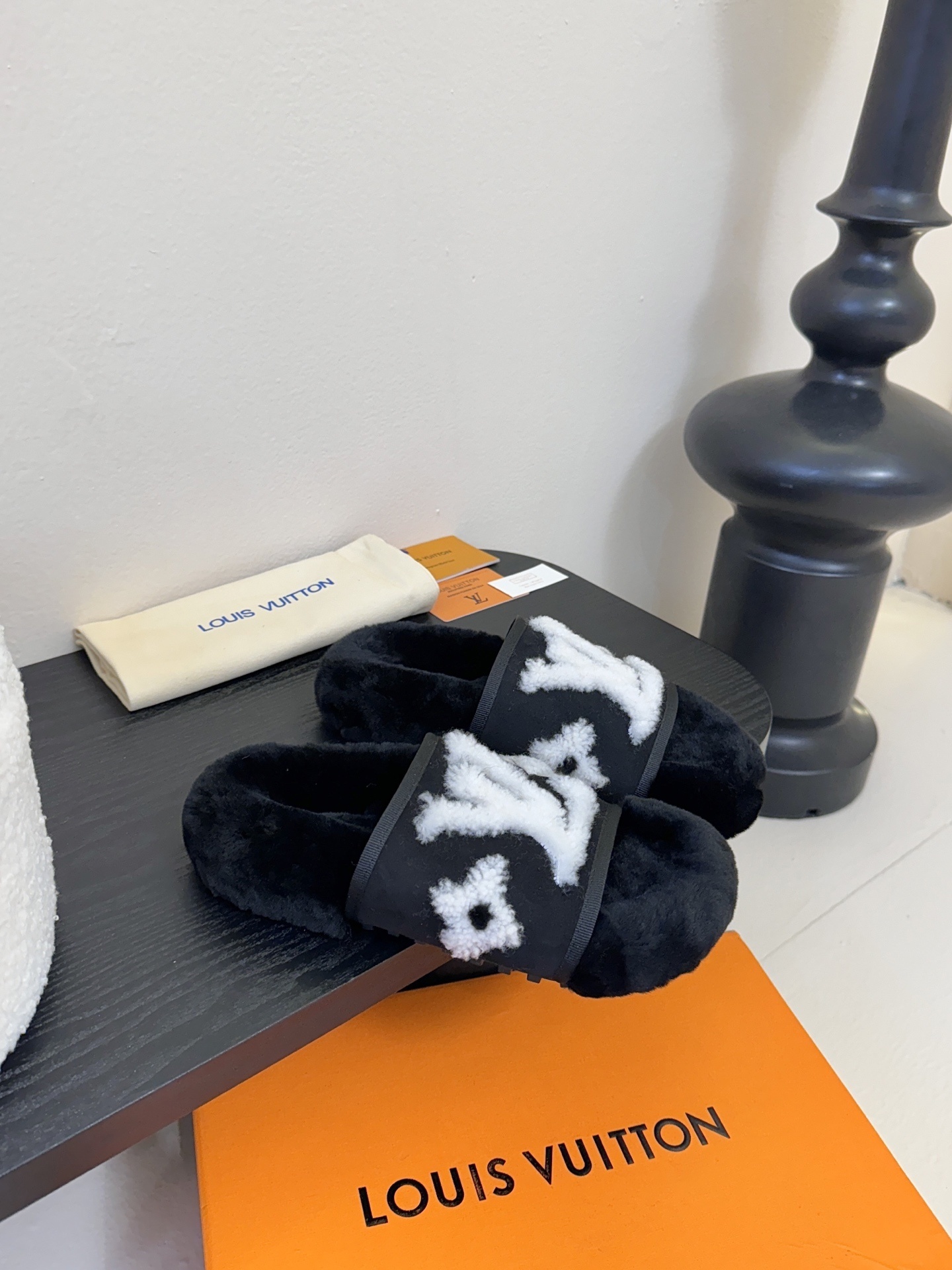 Louis Vuitton Black Shearling LV Logo Luxury Slides & Slippers