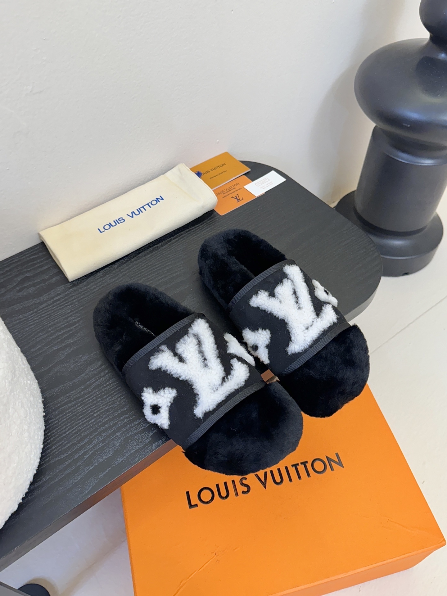 Louis Vuitton Black Shearling LV Logo Luxury Slides & Slippers