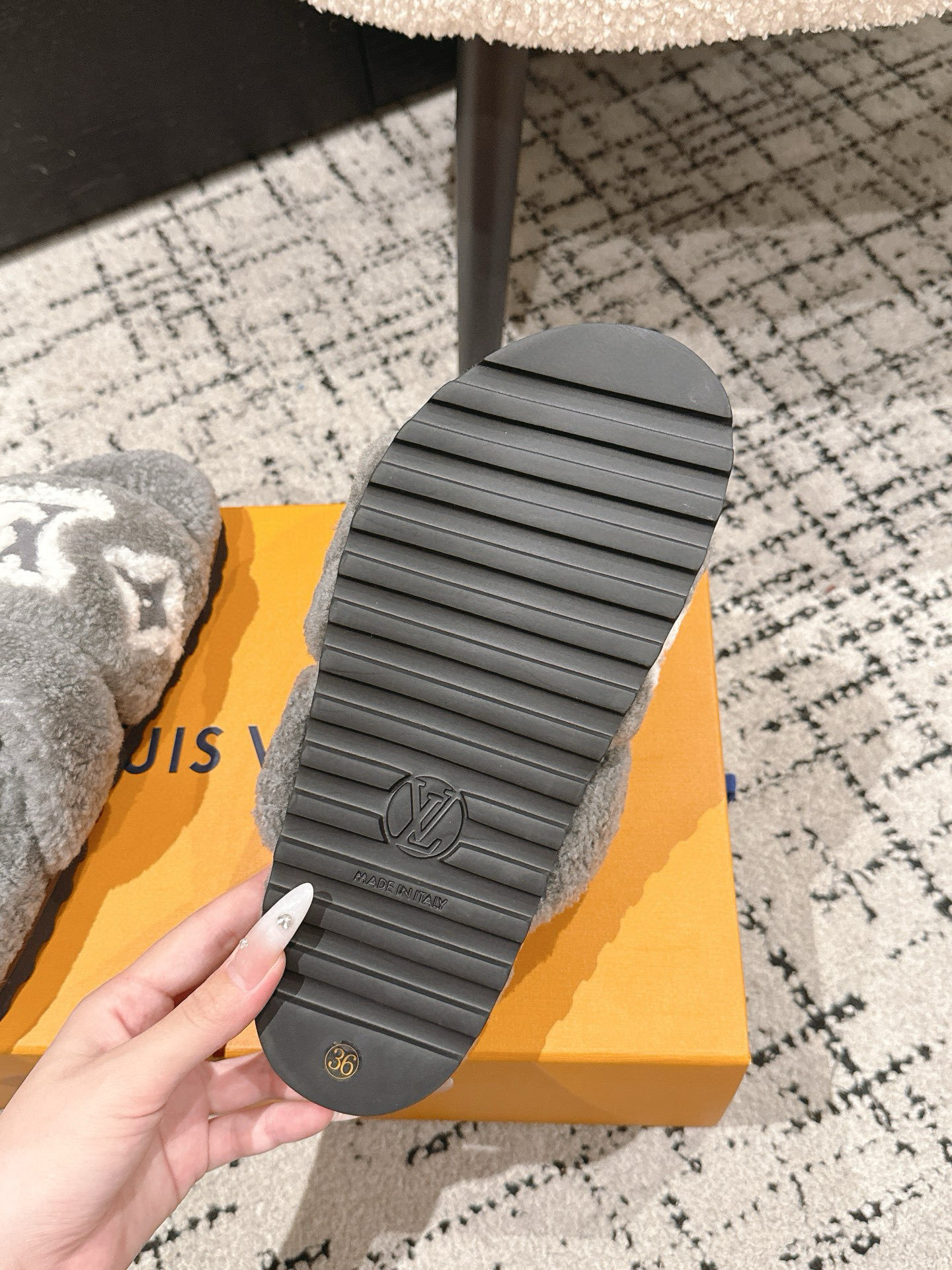 Louis Vuitton Grey Shearling Monogram Comfort Slides