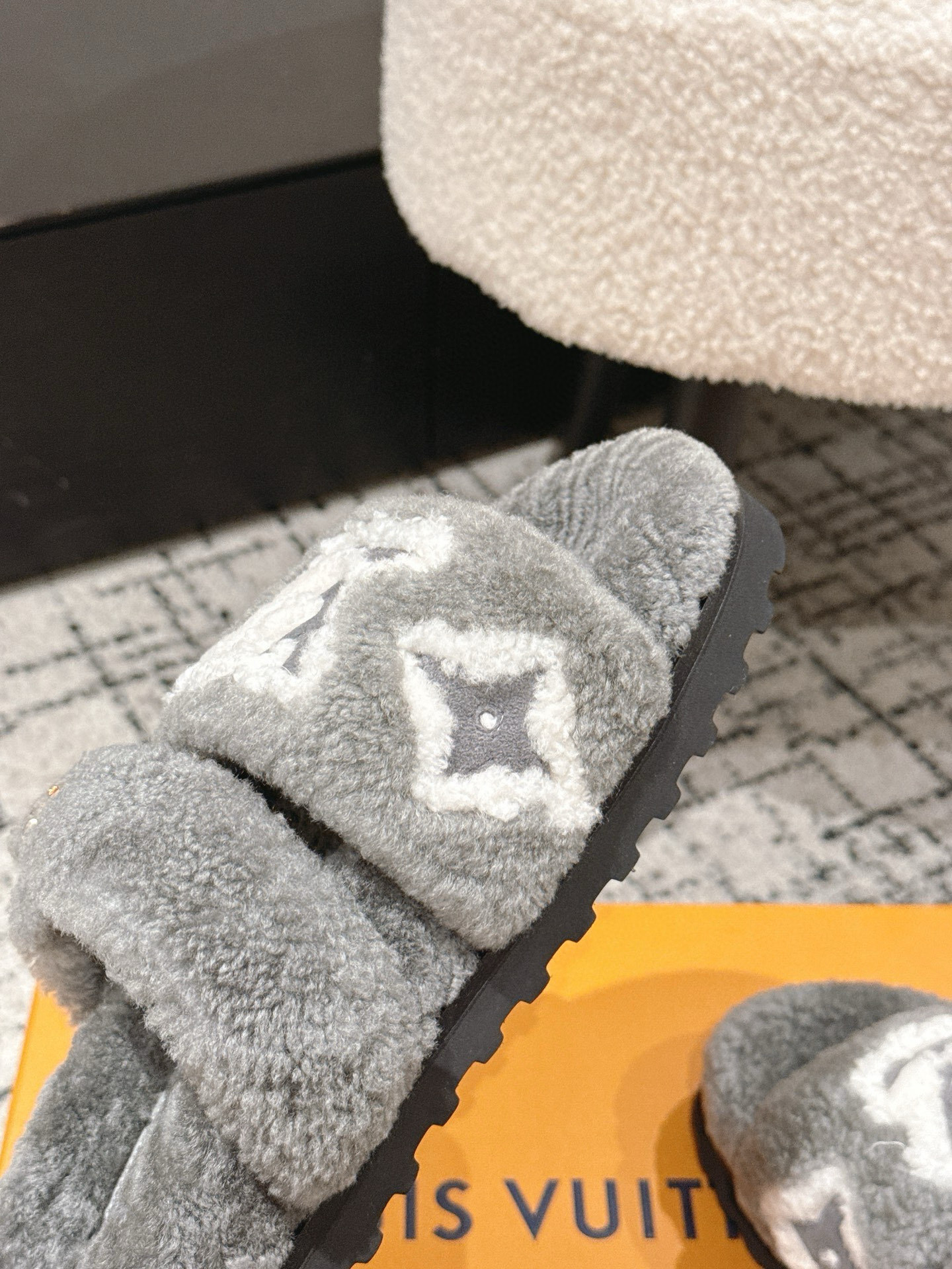 Louis Vuitton Grey Shearling Monogram Comfort Slides