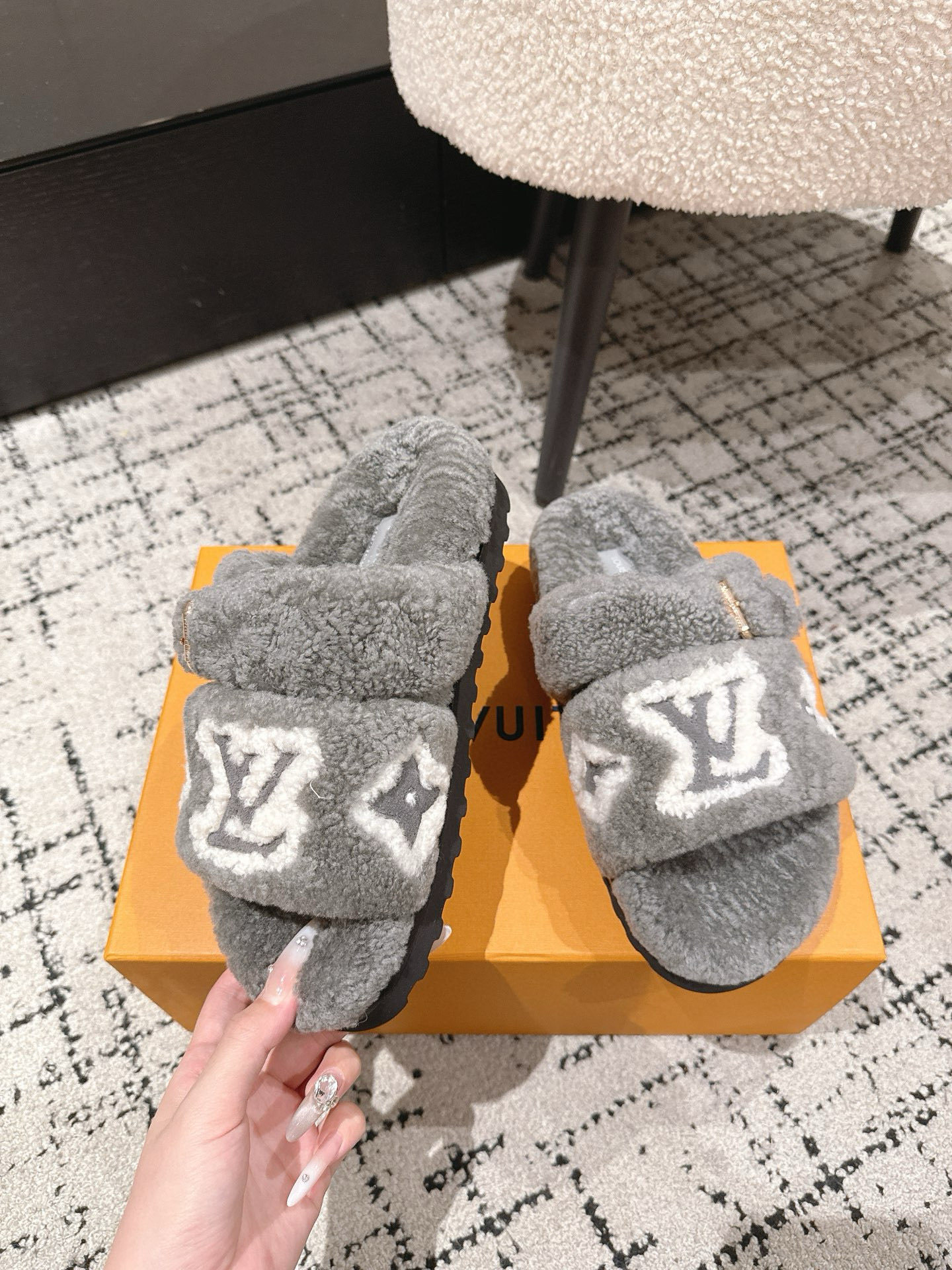 Louis Vuitton Grey Shearling Monogram Comfort Slides