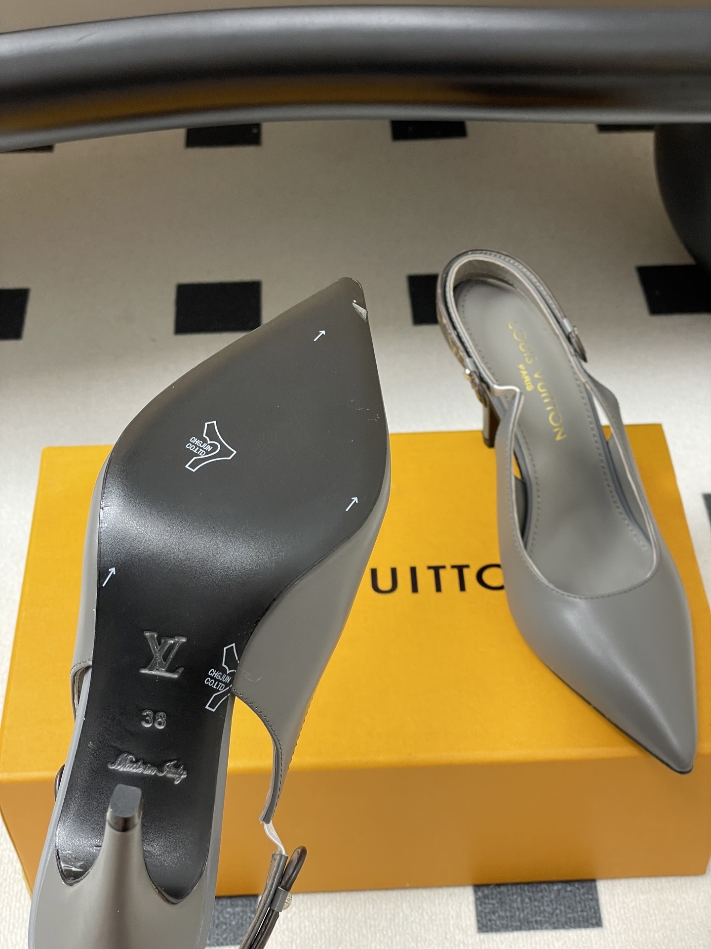 Louis Vuitton Grey Leather Slingback Pumps with Monogram Strap