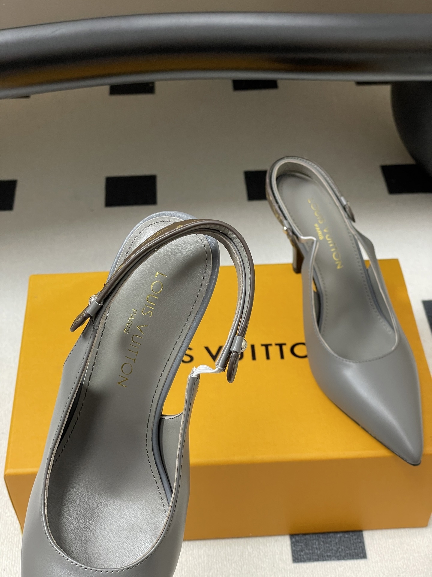 Louis Vuitton Grey Leather Slingback Pumps with Monogram Strap