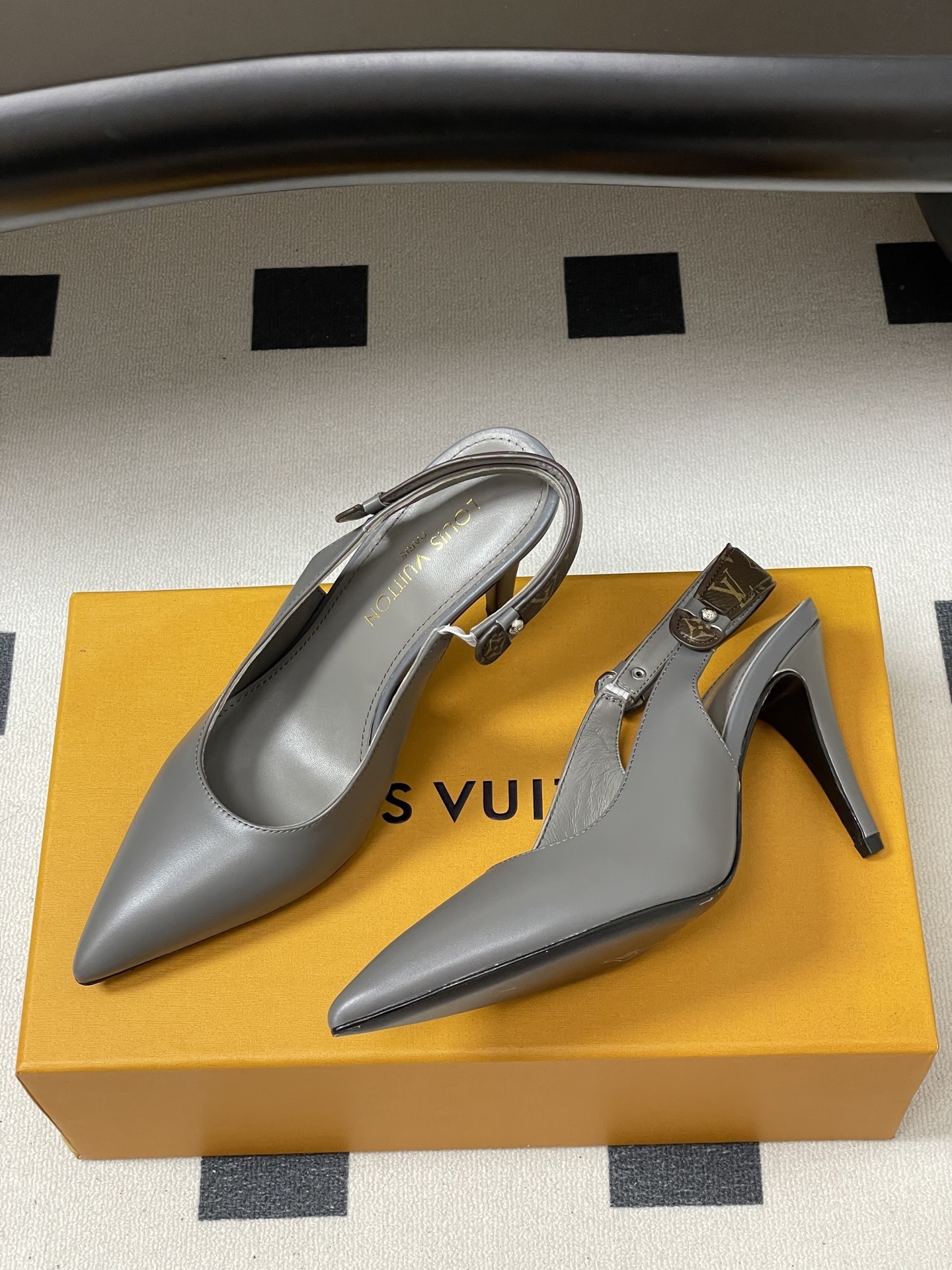 Louis Vuitton Grey Leather Slingback Pumps with Monogram Strap