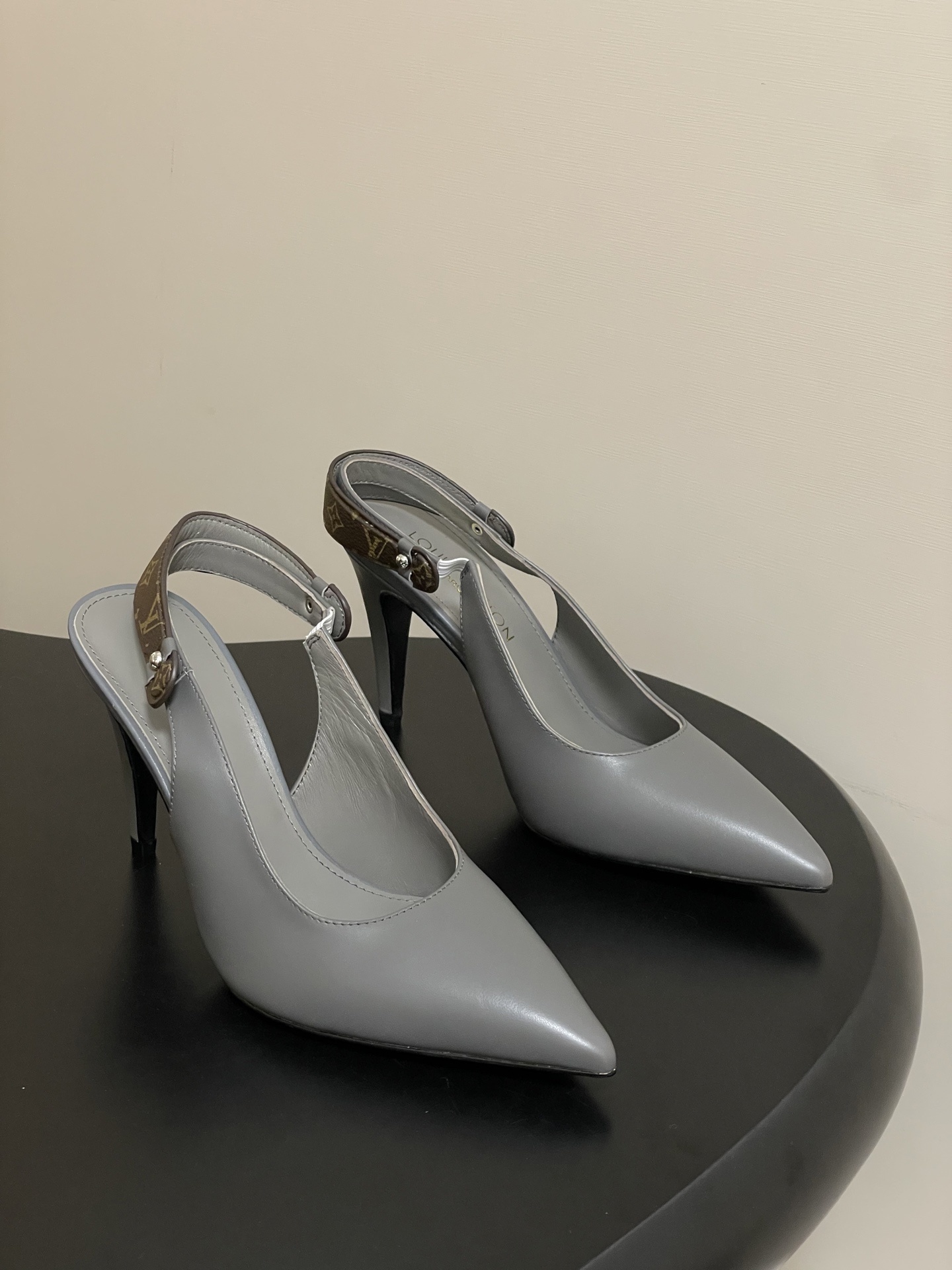 Louis Vuitton Grey Leather Slingback Pumps with Monogram Strap