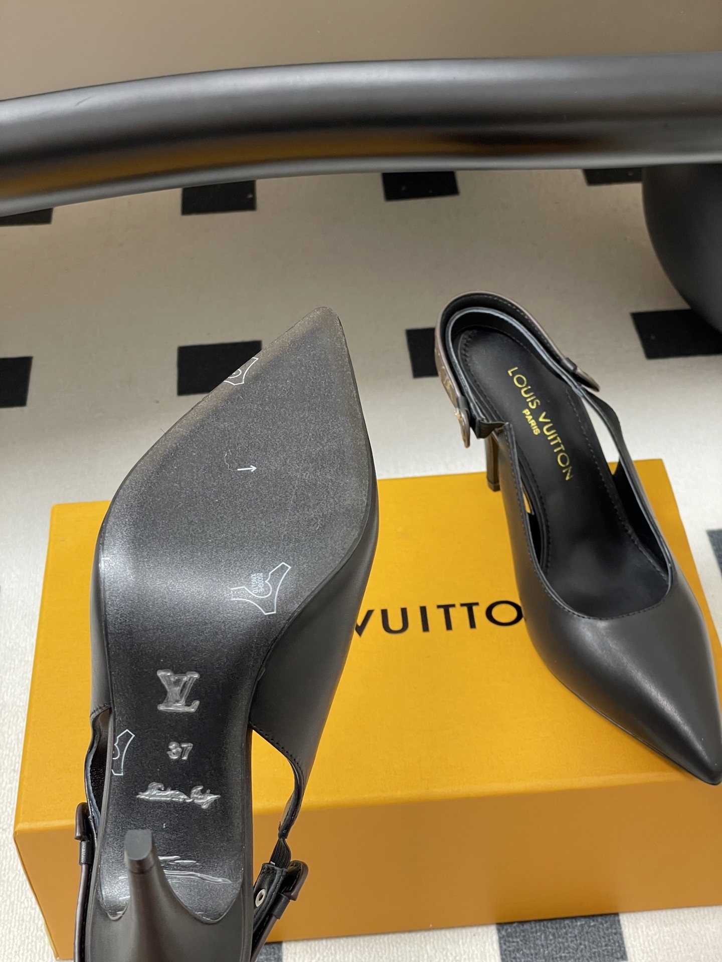 Louis Vuitton Black Leather Slingback Pumps with Monogram Detail