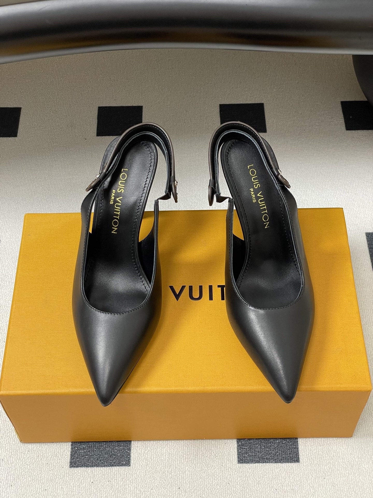 Louis Vuitton Black Leather Slingback Pumps with Monogram Detail