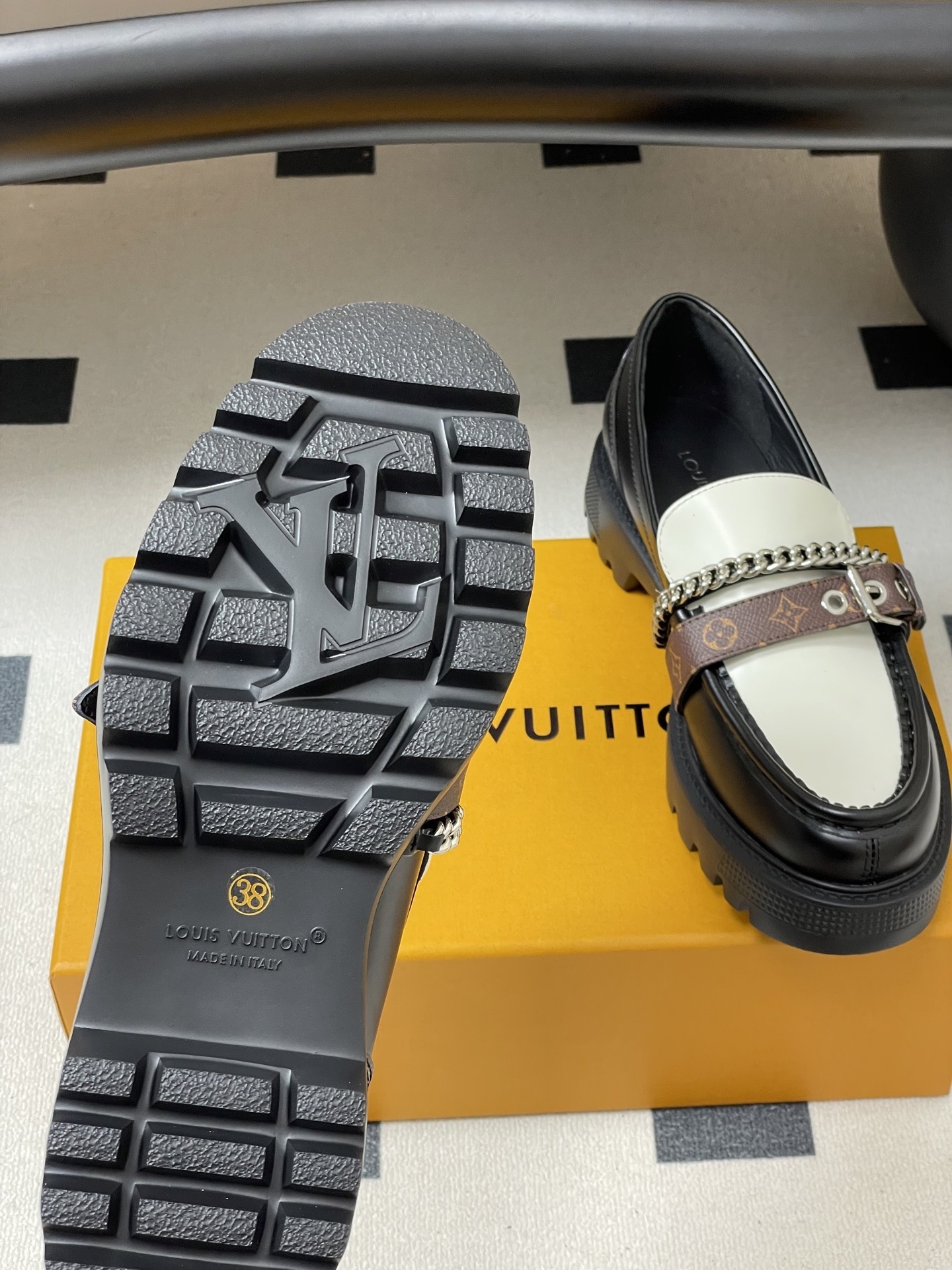 Women's Two-Tone Platform Loafers with Chain & Monogram Strap