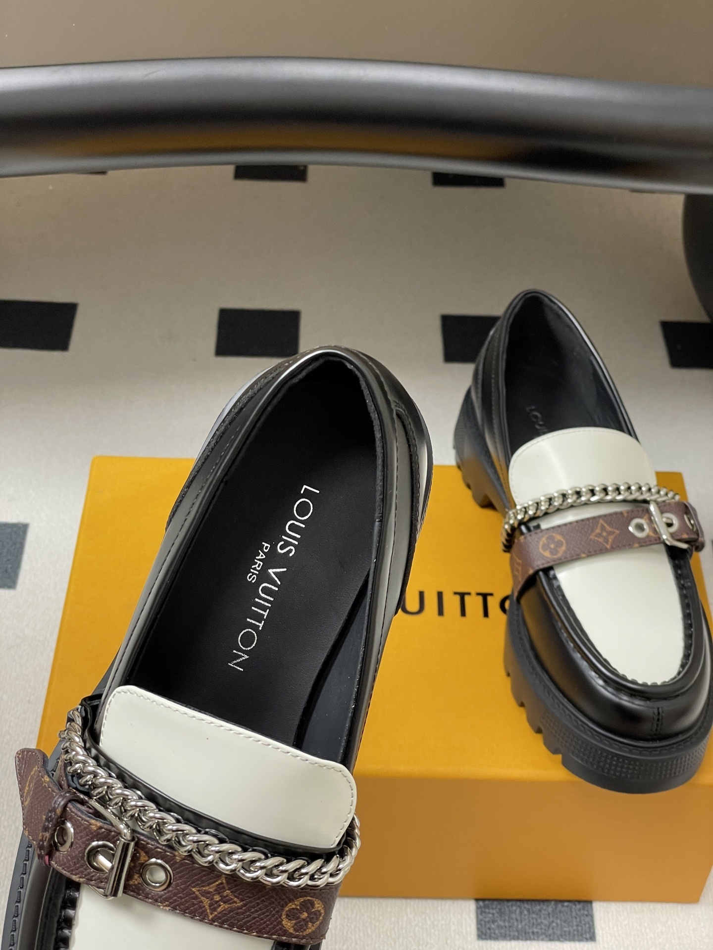 Women's Two-Tone Platform Loafers with Chain & Monogram Strap