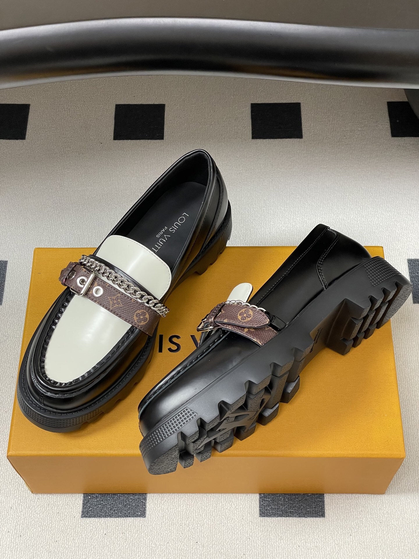 Women's Two-Tone Platform Loafers with Chain & Monogram Strap