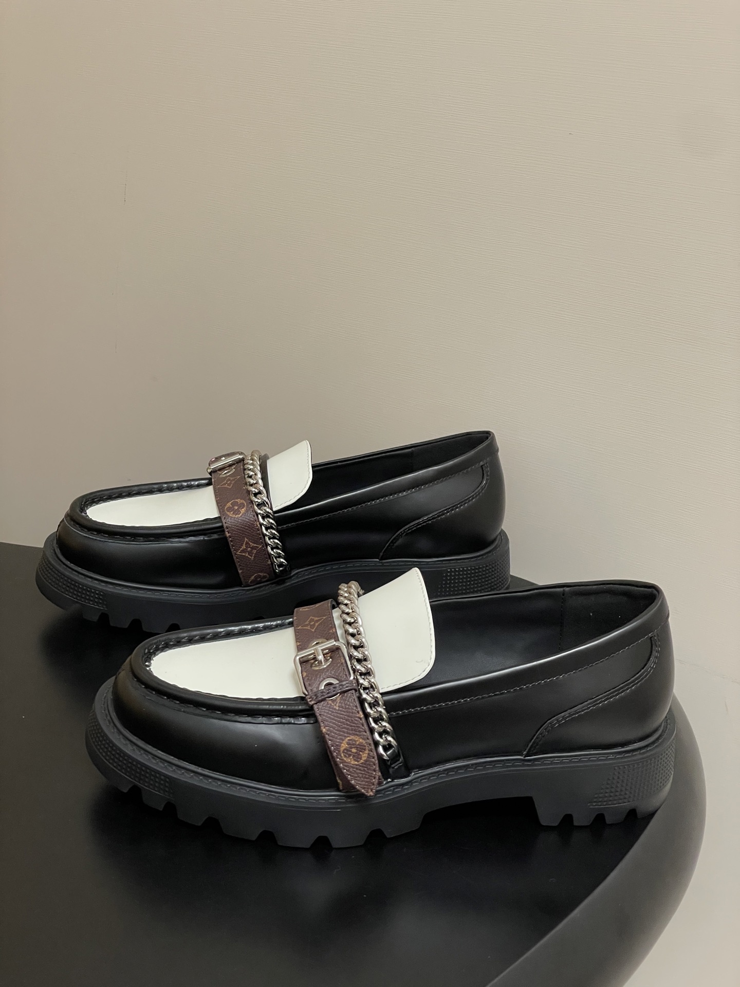 Women's Two-Tone Platform Loafers with Chain & Monogram Strap