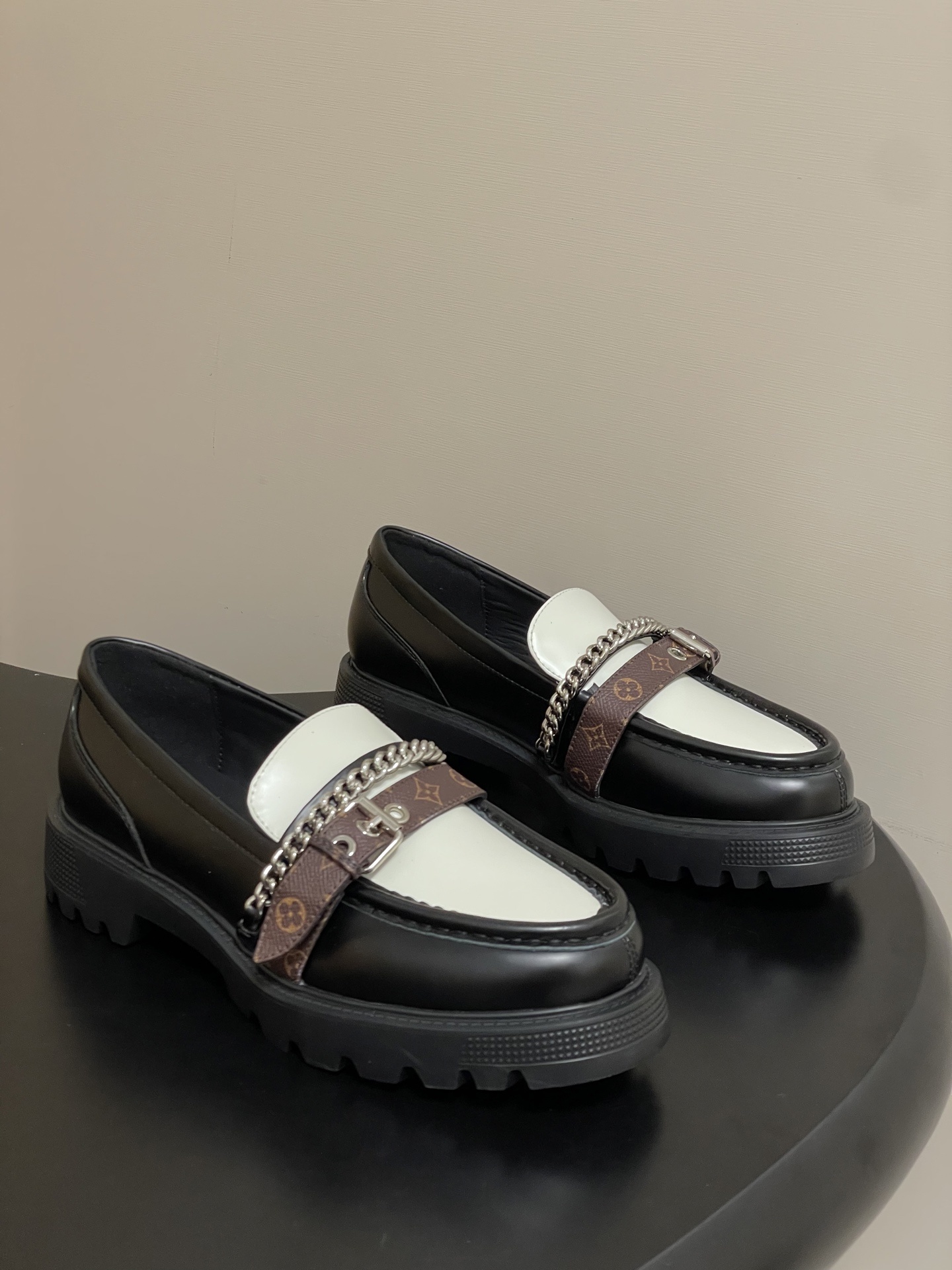 Women’s Two-Tone Platform Loafers with Chain & Monogram Strap