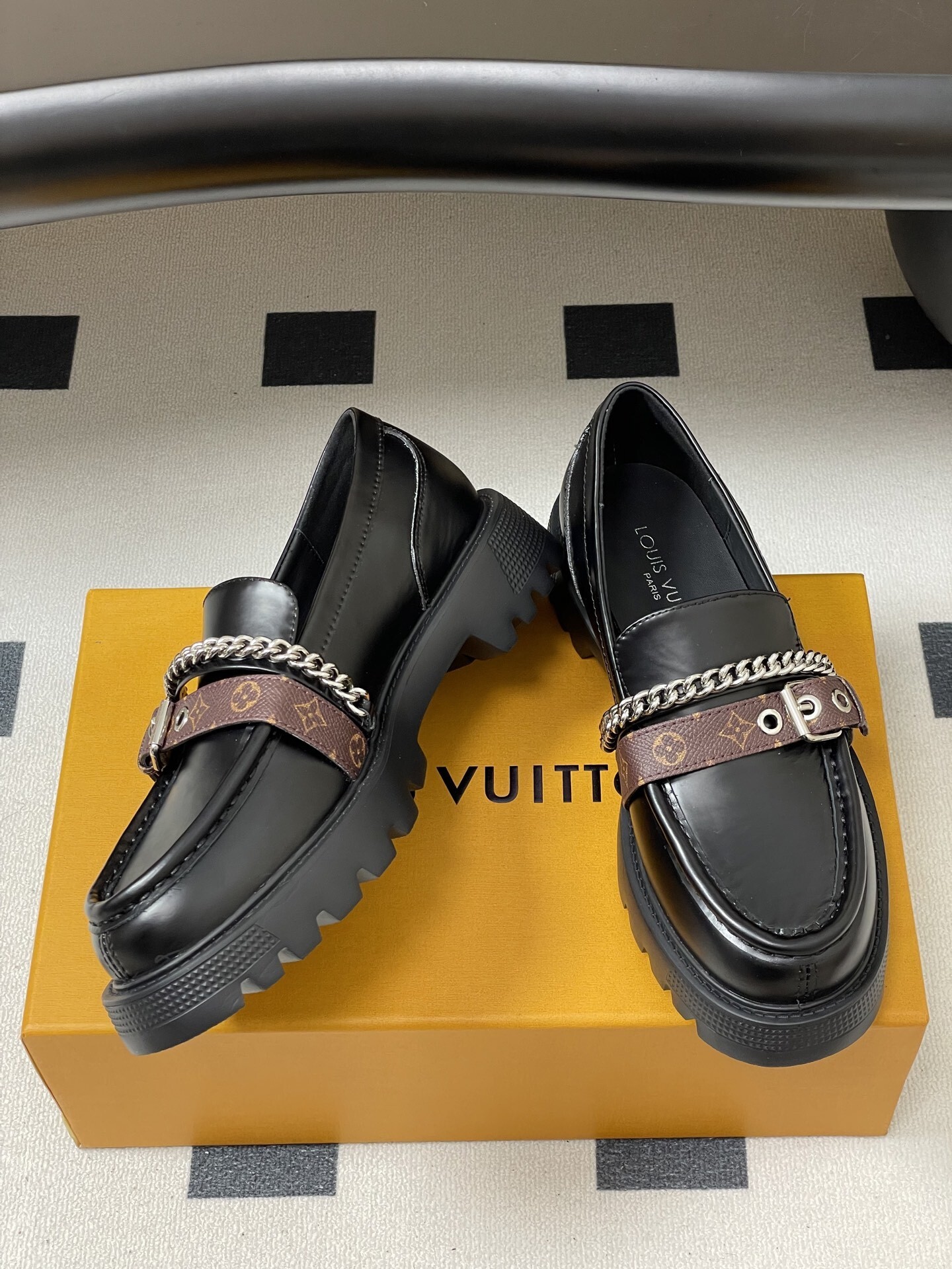 Black Chunky Platform Loafers with Monogram Strap & Chain