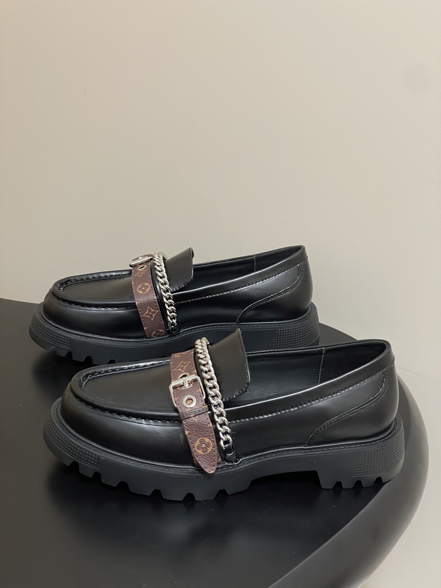 Black Chunky Platform Loafers with Monogram Strap & Chain