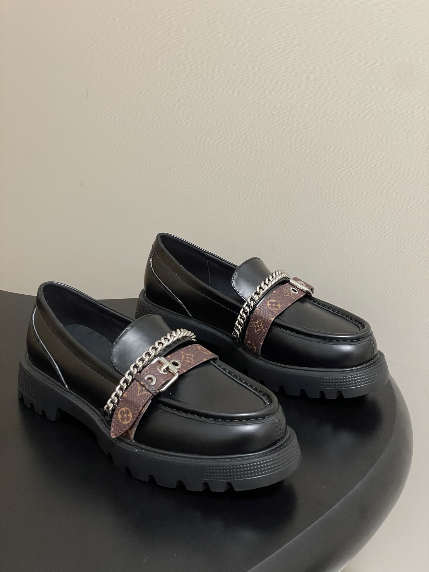 Black Chunky Platform Loafers with Monogram Strap & Chain