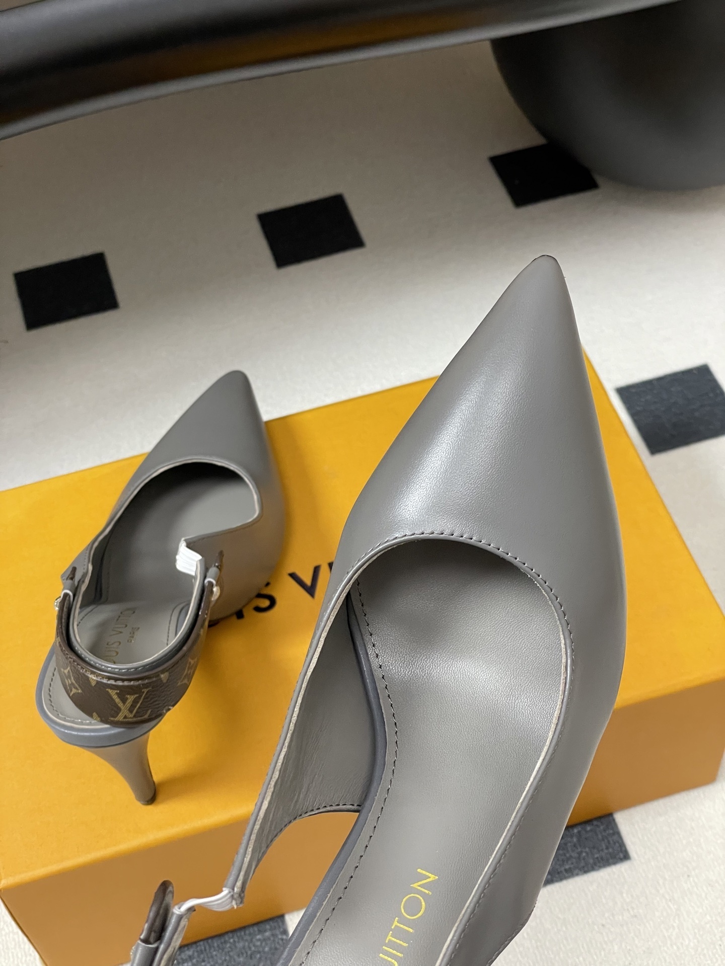 Louis Vuitton Grey Leather Slingback Pumps with Monogram Strap