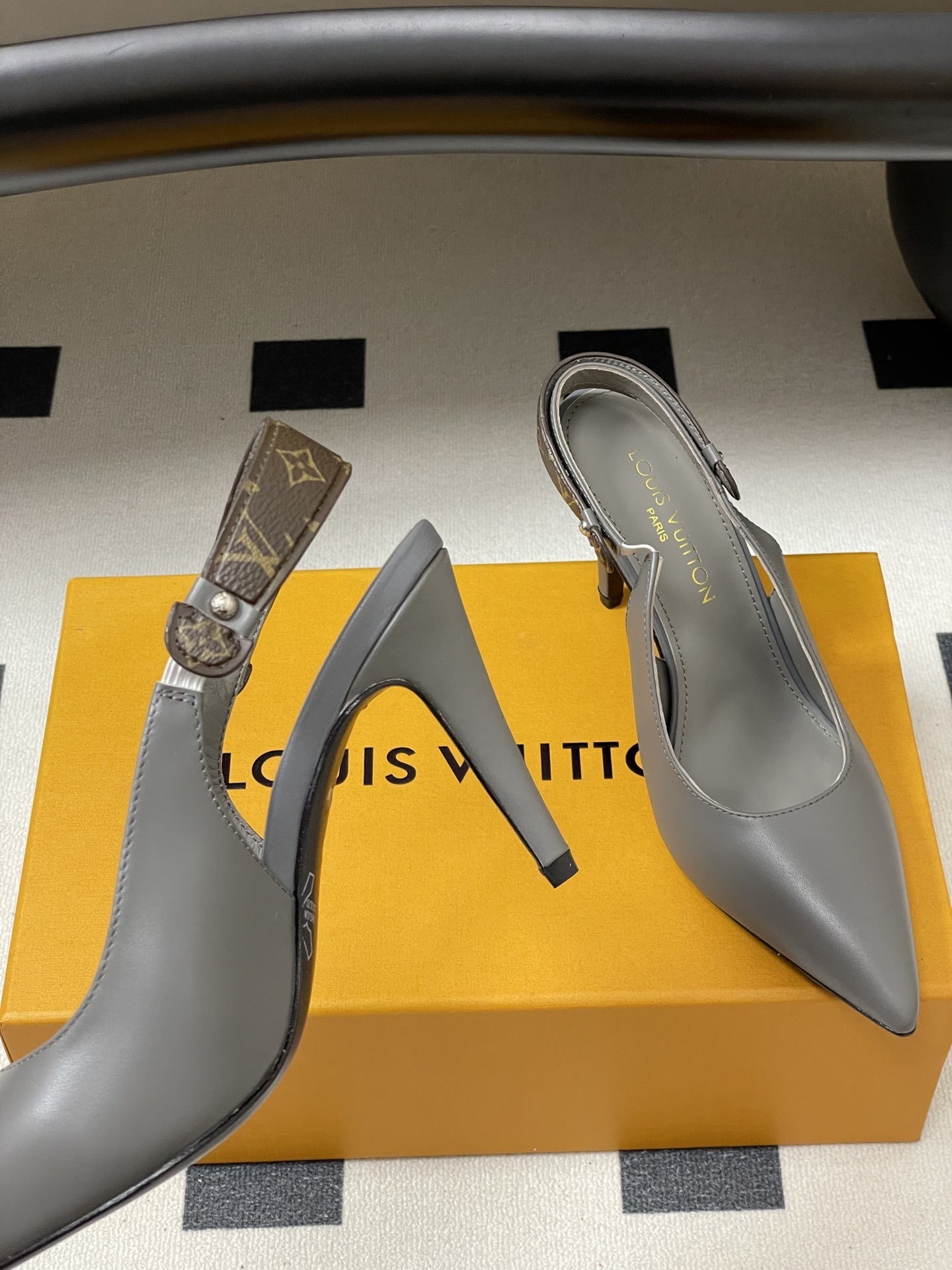 Louis Vuitton Grey Leather Slingback Pumps with Monogram Strap