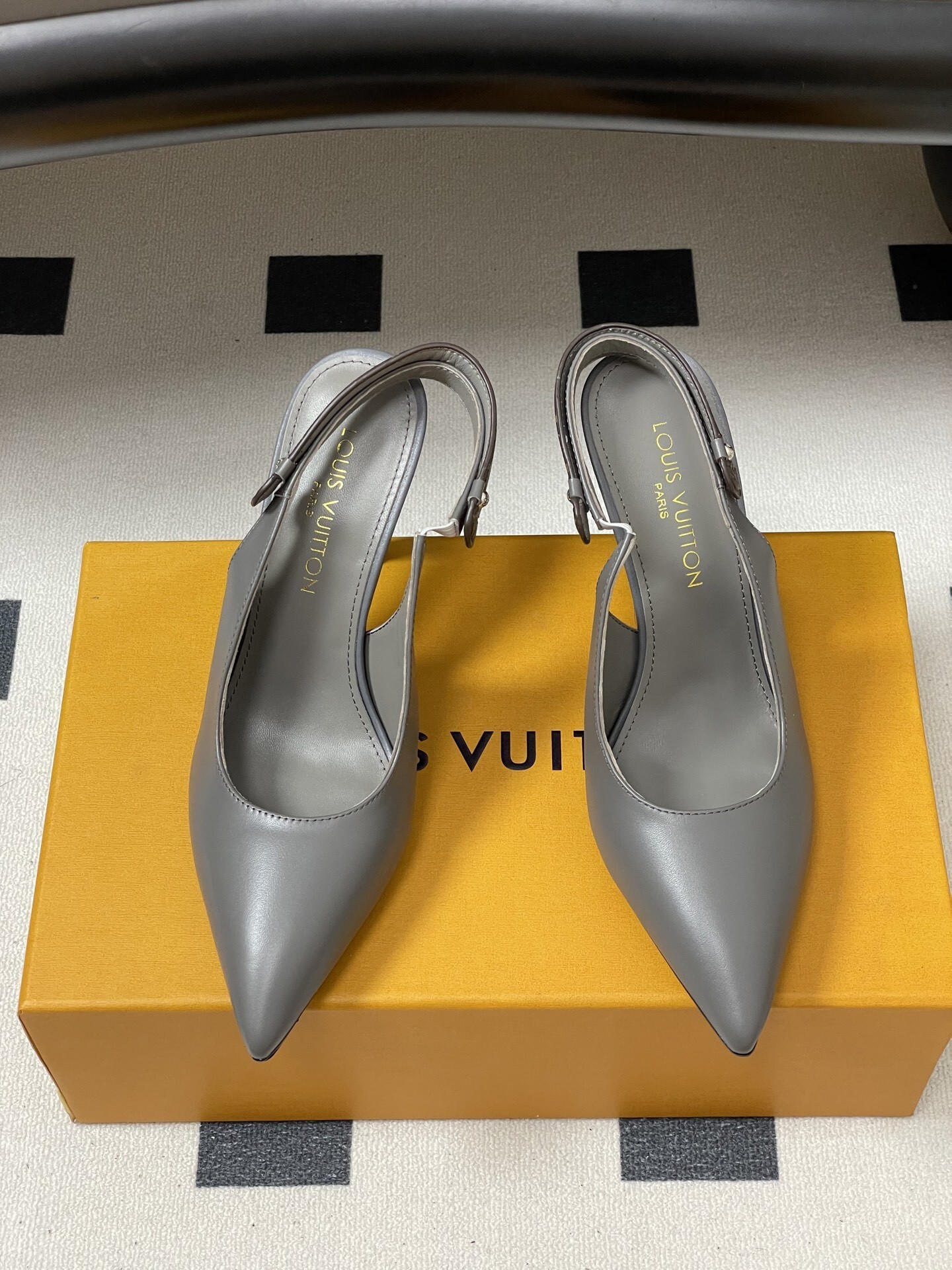 Louis Vuitton Grey Leather Slingback Pumps with Monogram Strap