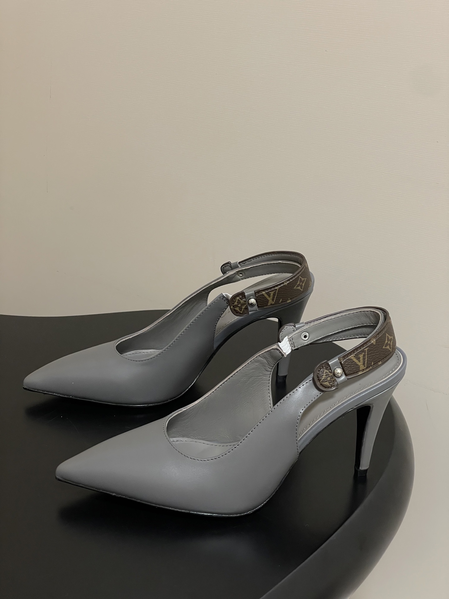 Louis Vuitton Grey Leather Slingback Pumps with Monogram Strap