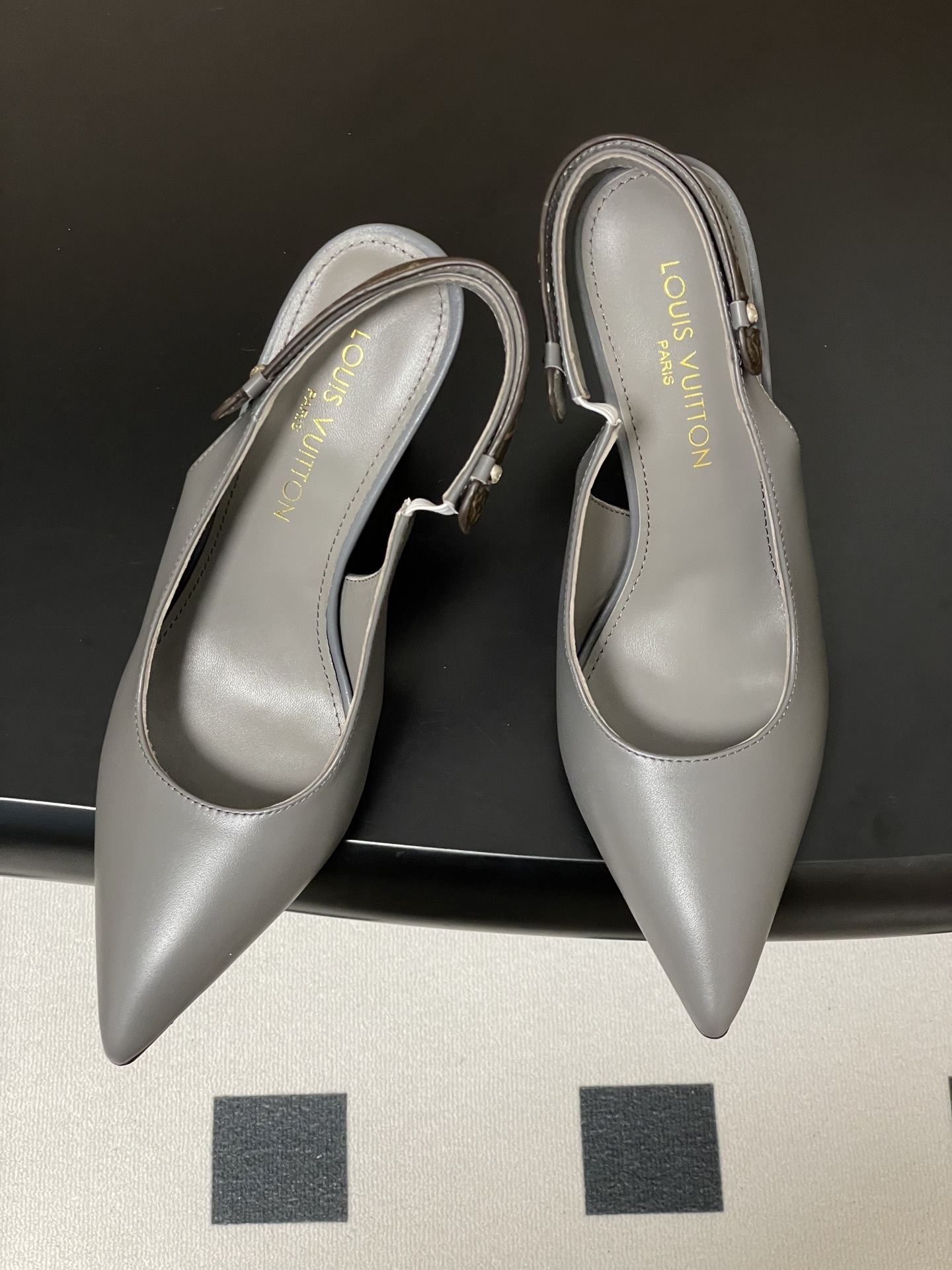 Louis Vuitton Grey Leather Slingback Pumps with Monogram Strap