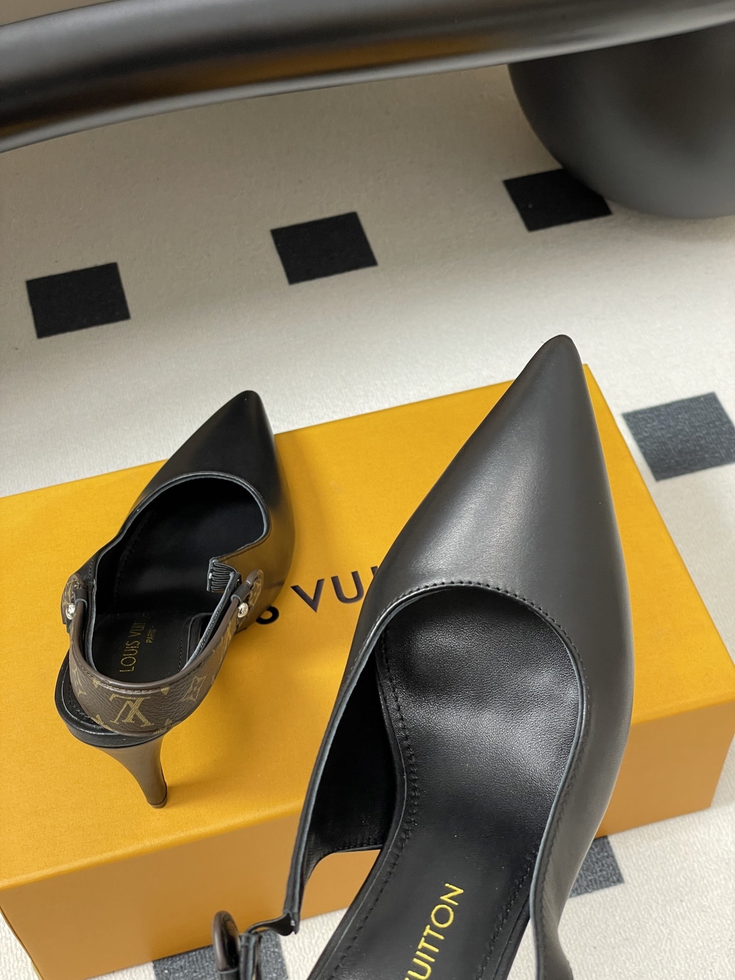 Louis Vuitton Black Leather Monogram Strap Slingback Pumps