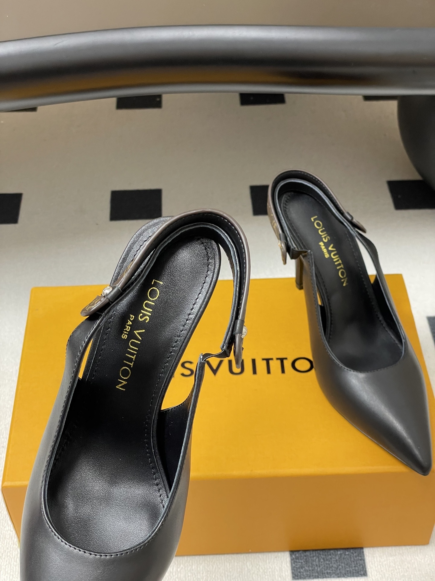 Louis Vuitton Black Leather Monogram Strap Slingback Pumps