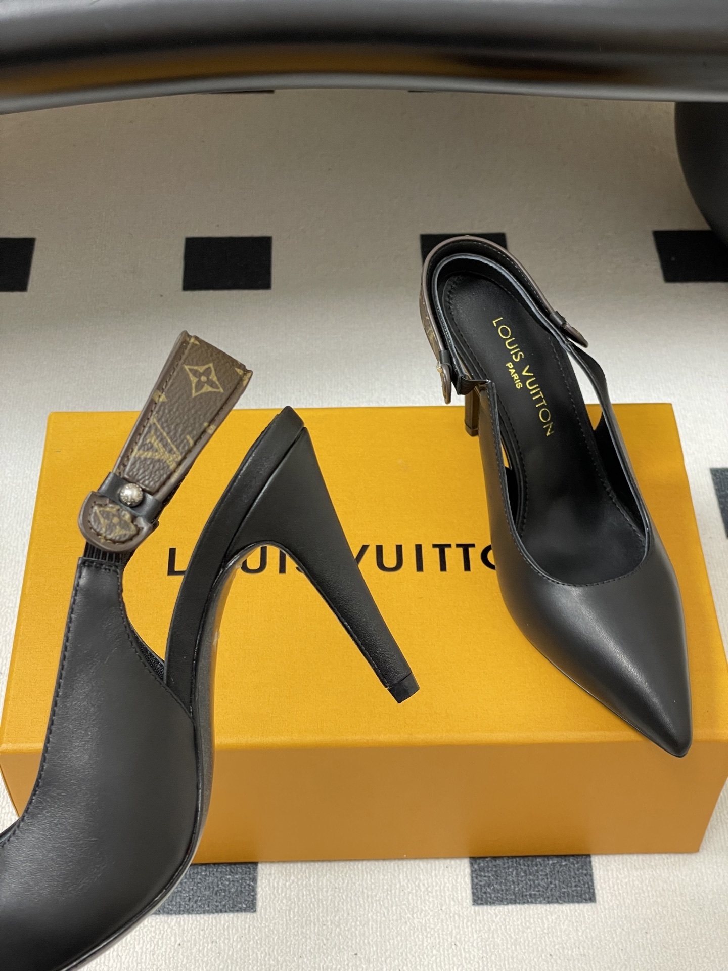 Louis Vuitton Black Leather Monogram Strap Slingback Pumps
