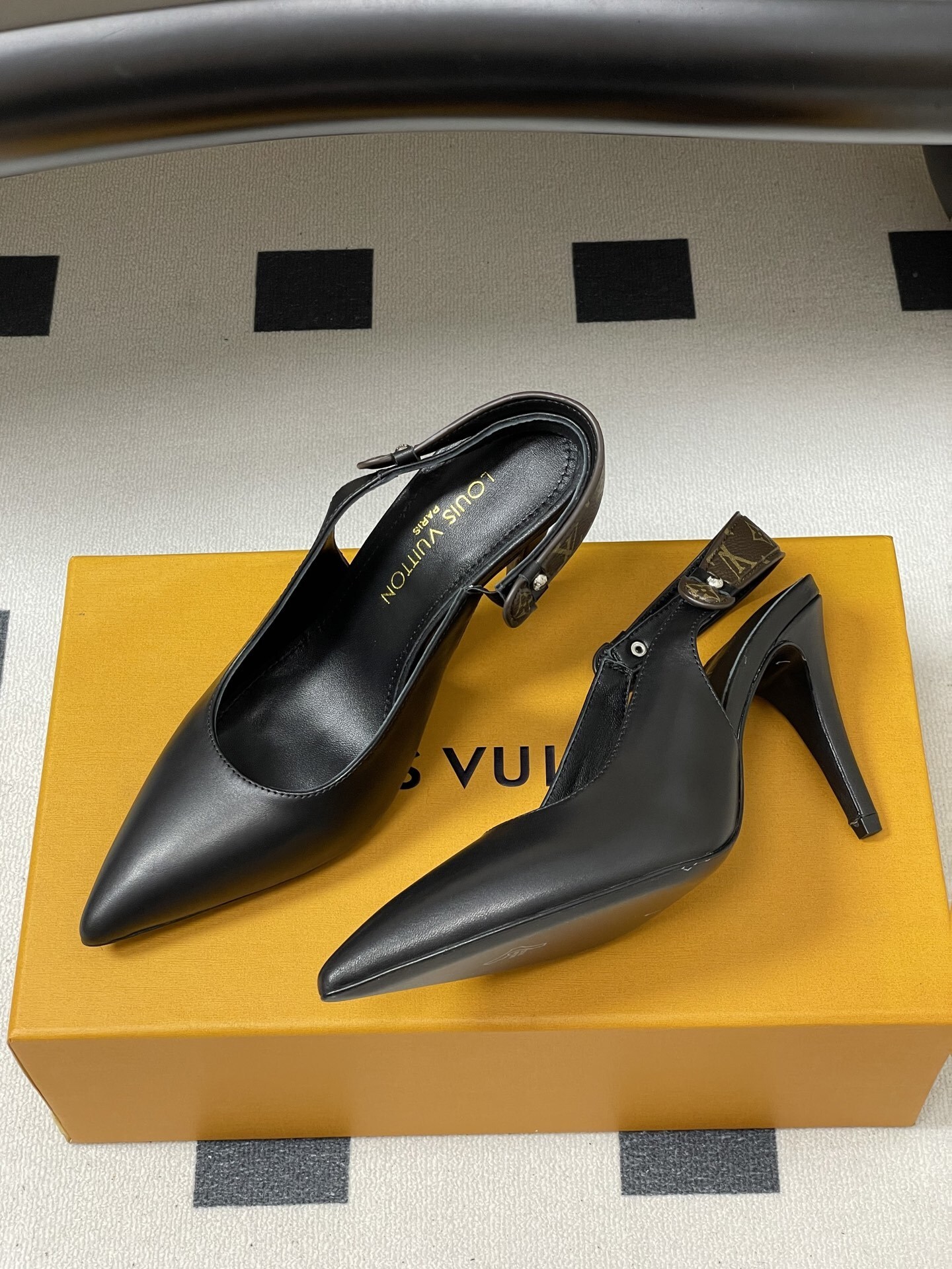 Louis Vuitton Black Leather Monogram Strap Slingback Pumps