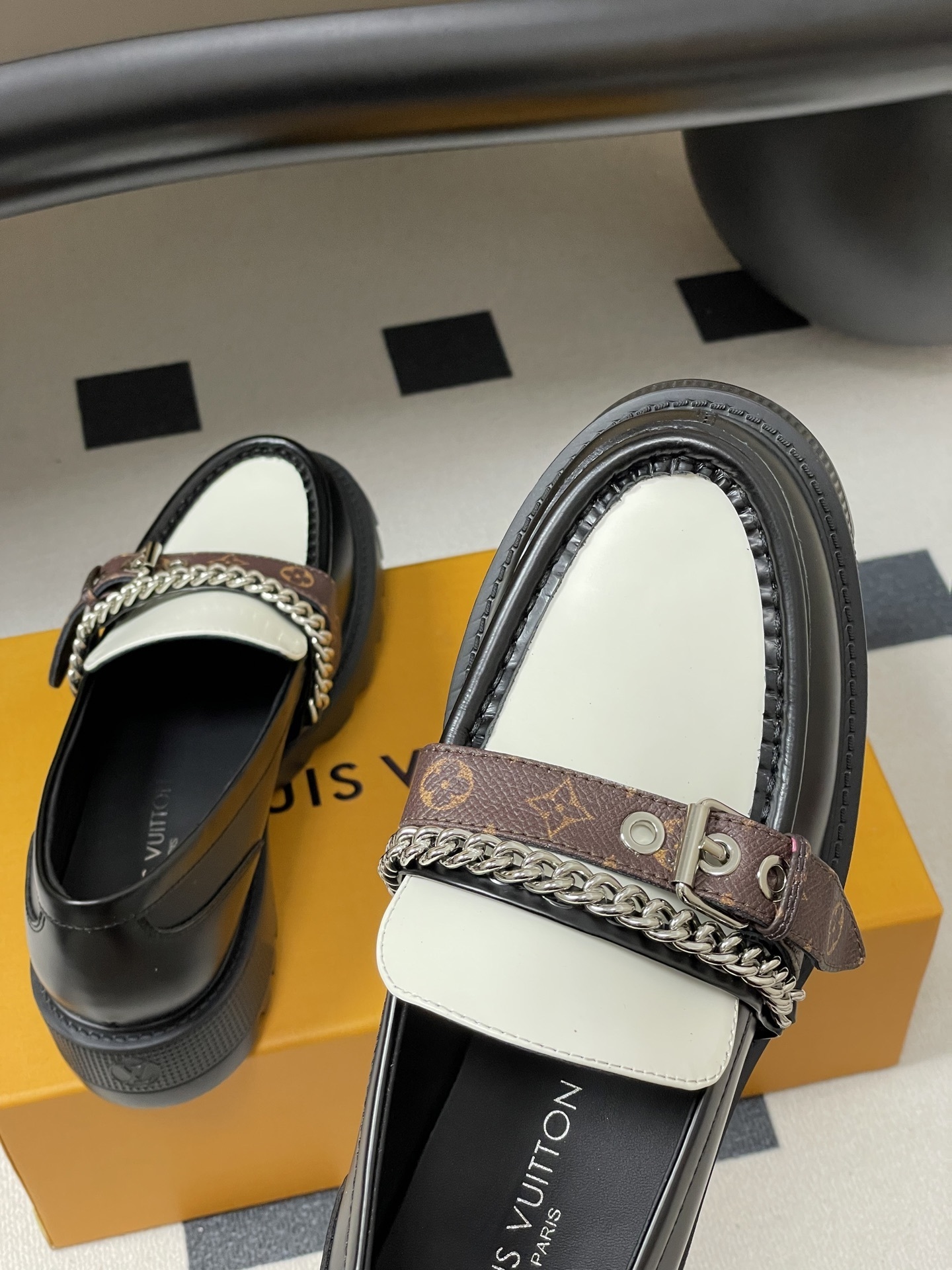 Chunky Two-Tone Platform Loafers with Chain & Monogram Strap